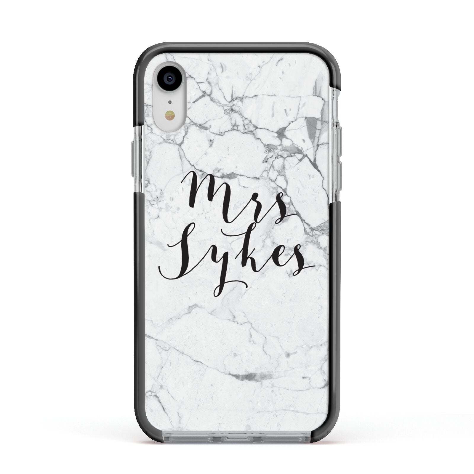 Surname Personalised Marble Apple iPhone XR Impact Case Black Edge on Silver Phone