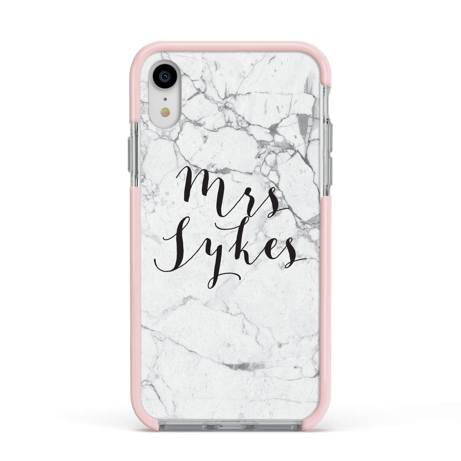 Surname Personalised Marble Apple iPhone XR Impact Case Pink Edge on Silver Phone