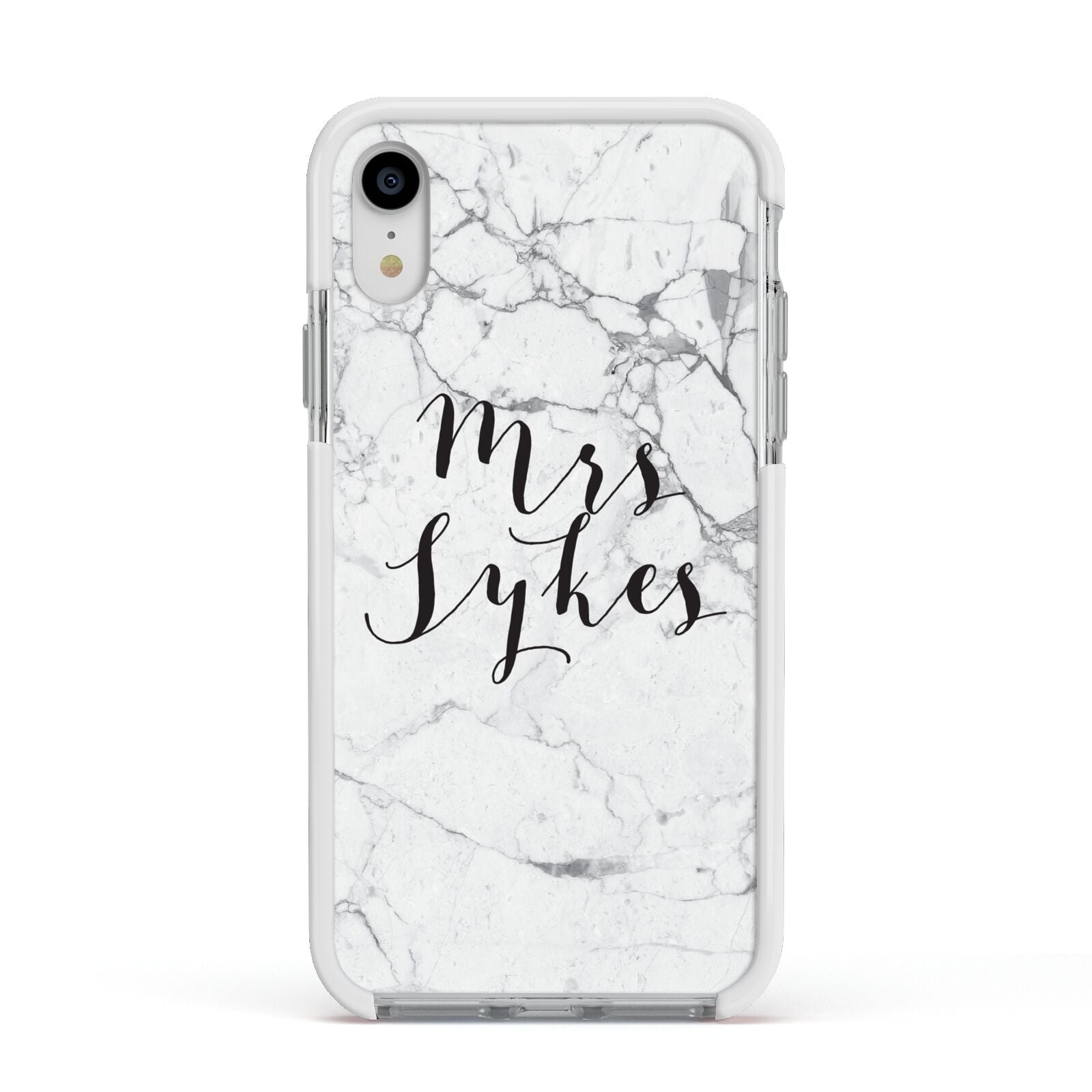 Surname Personalised Marble Apple iPhone XR Impact Case White Edge on Silver Phone