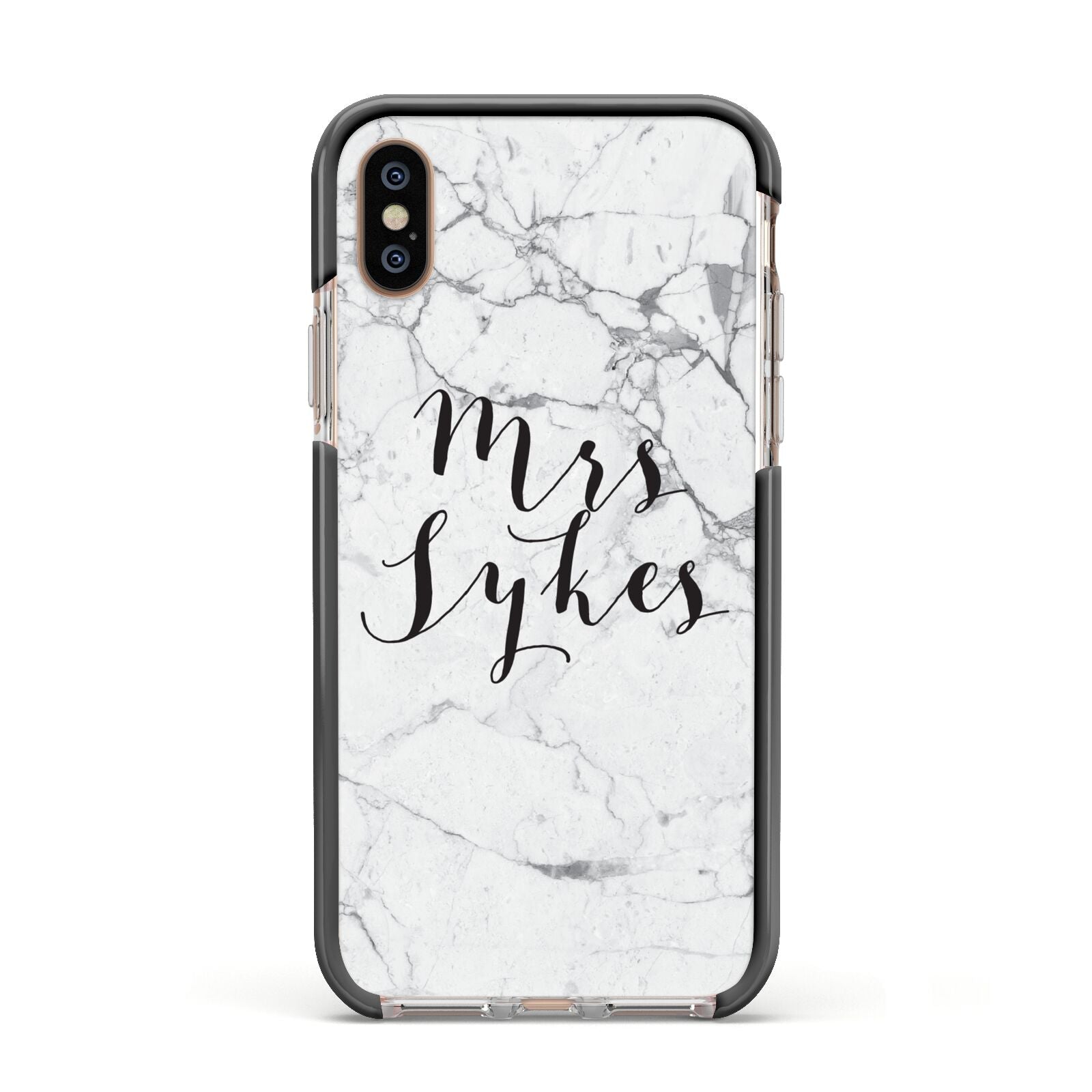 Surname Personalised Marble Apple iPhone Xs Impact Case Black Edge on Gold Phone