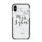 Surname Personalised Marble Apple iPhone Xs Impact Case Black Edge on Silver Phone