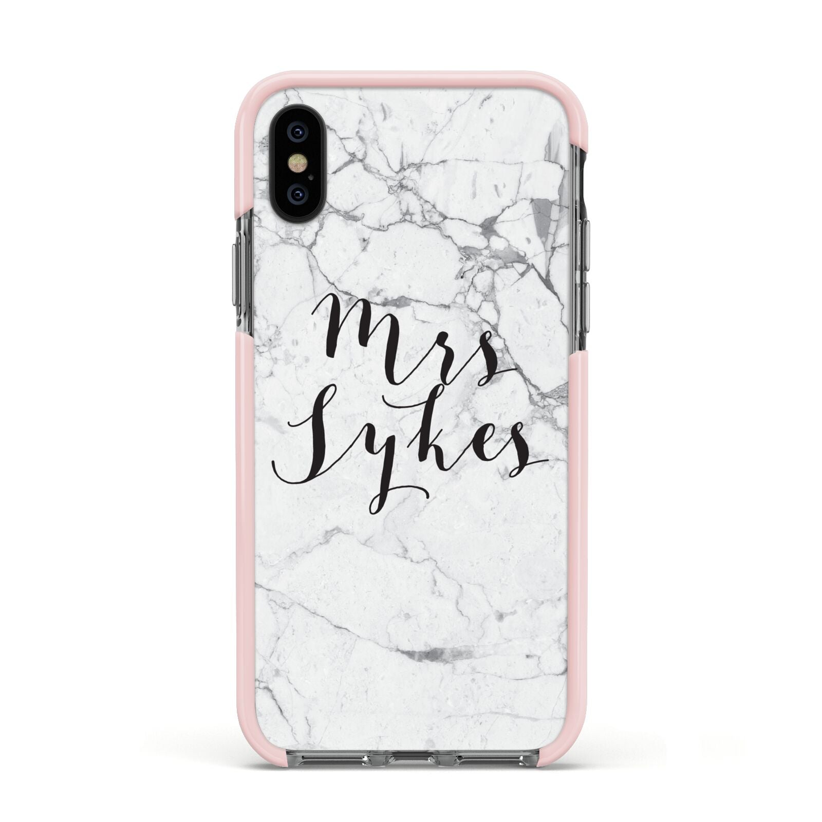 Surname Personalised Marble Apple iPhone Xs Impact Case Pink Edge on Black Phone
