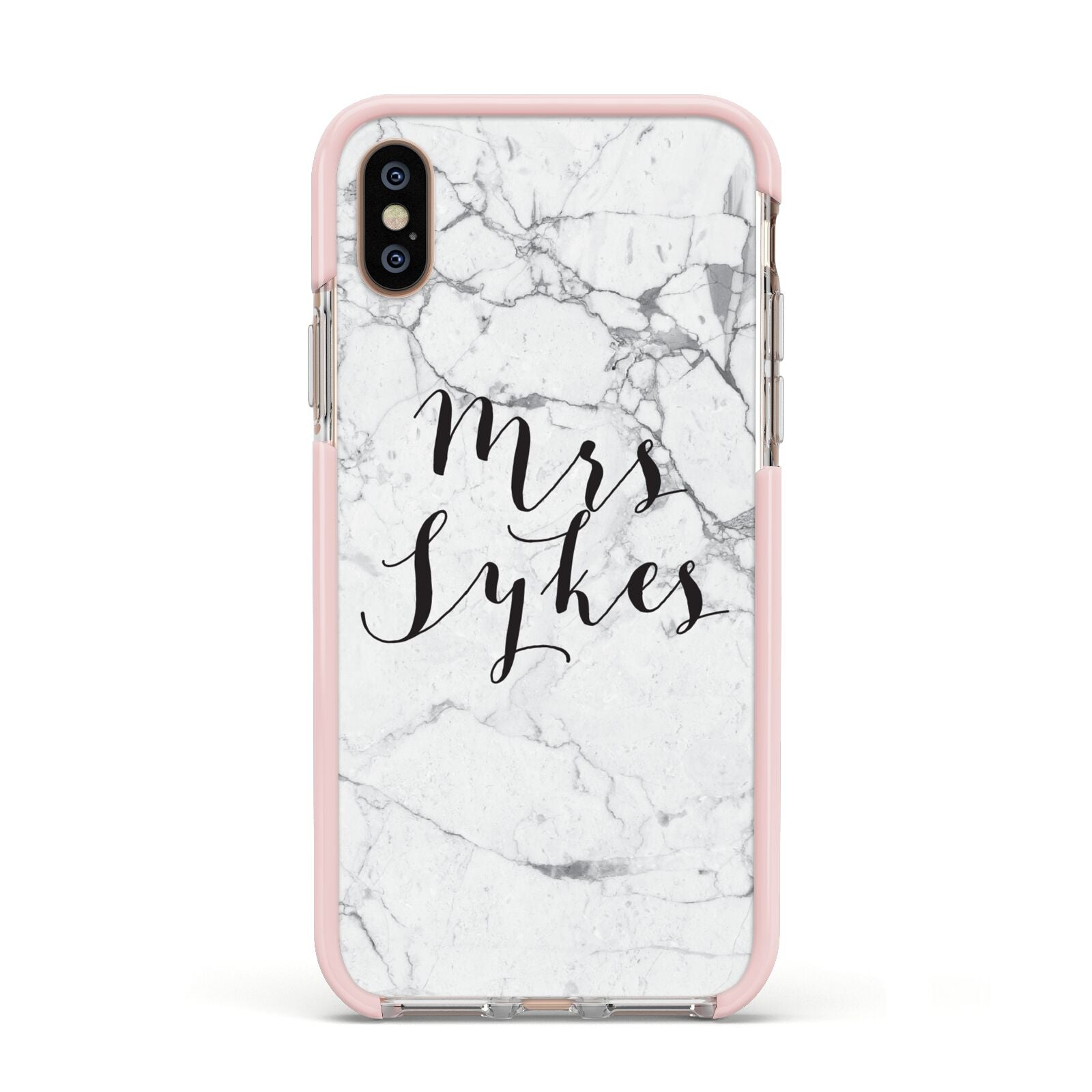 Surname Personalised Marble Apple iPhone Xs Impact Case Pink Edge on Gold Phone