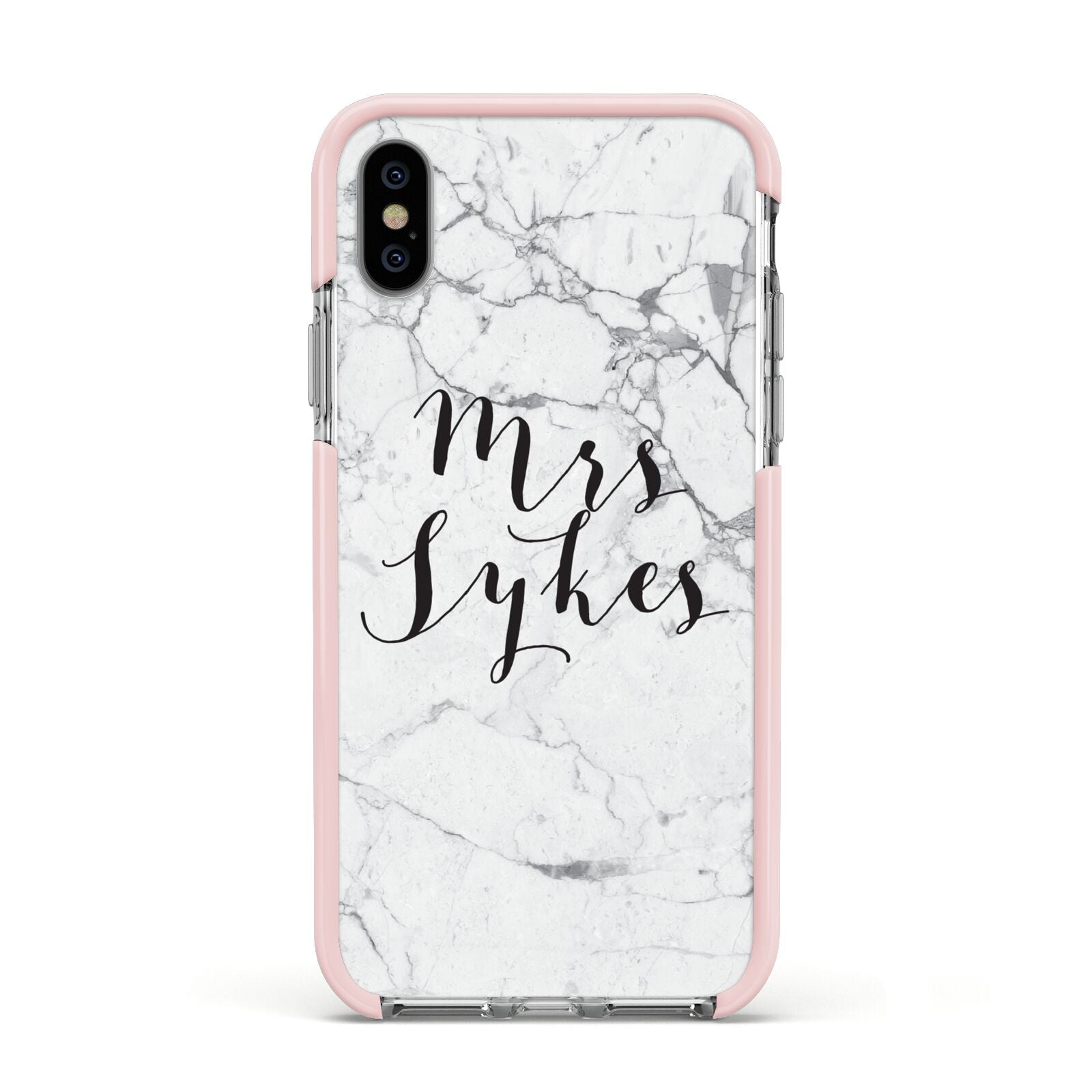 Surname Personalised Marble Apple iPhone Xs Impact Case Pink Edge on Silver Phone