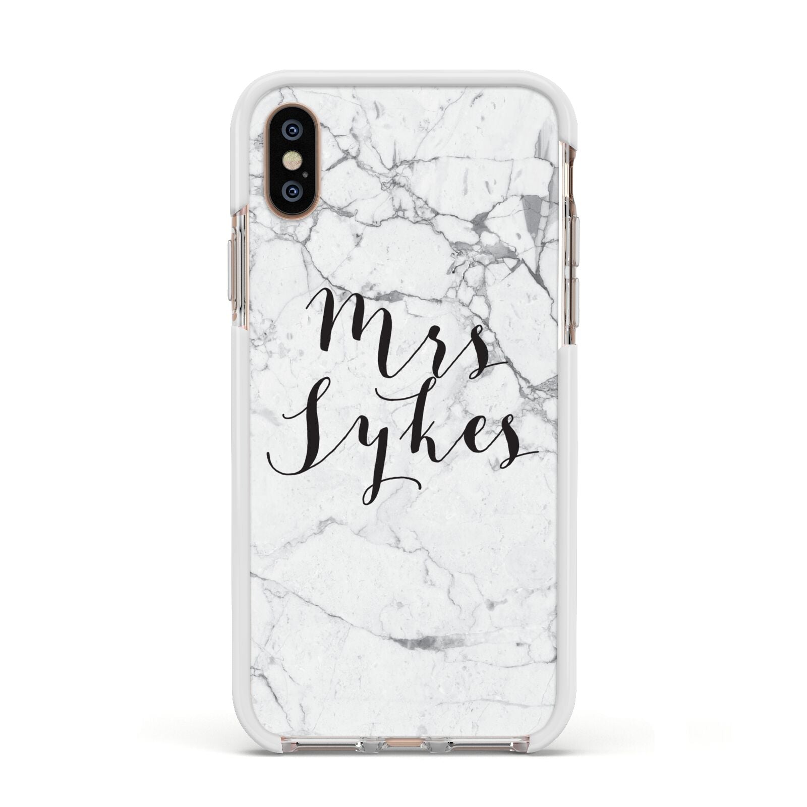 Surname Personalised Marble Apple iPhone Xs Impact Case White Edge on Gold Phone