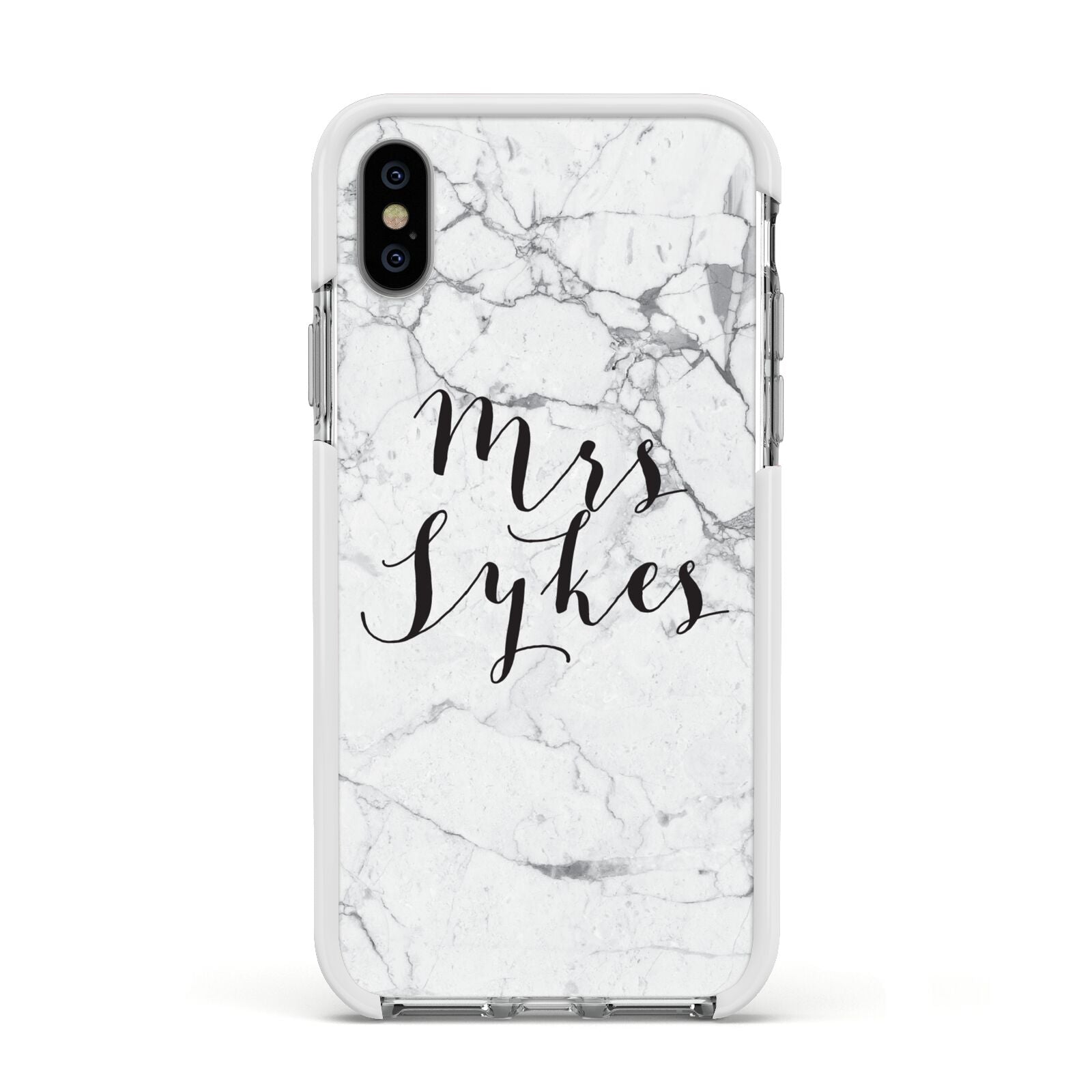 Surname Personalised Marble Apple iPhone Xs Impact Case White Edge on Silver Phone