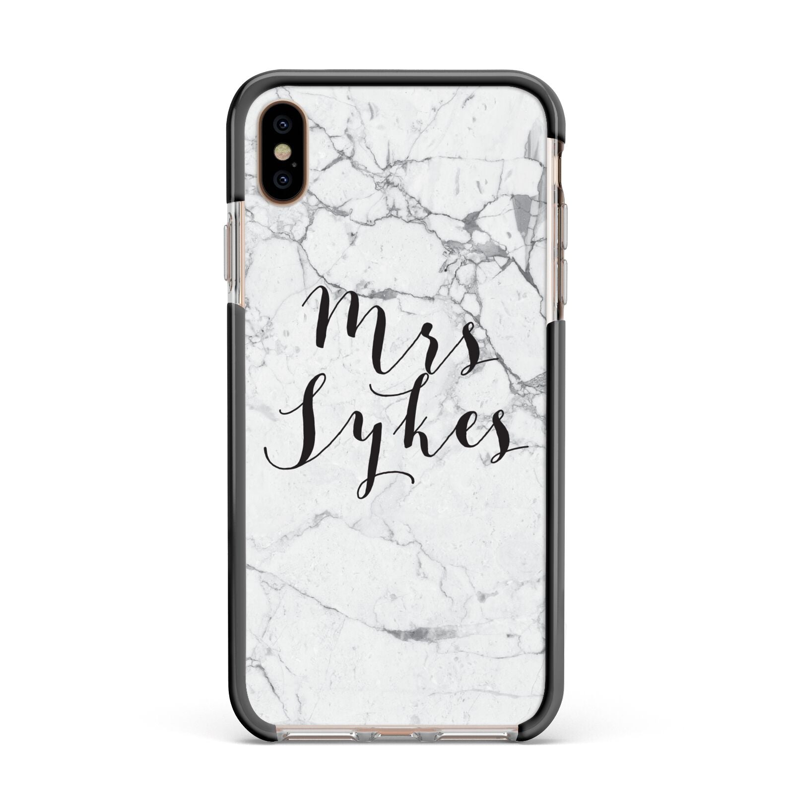 Surname Personalised Marble Apple iPhone Xs Max Impact Case Black Edge on Gold Phone