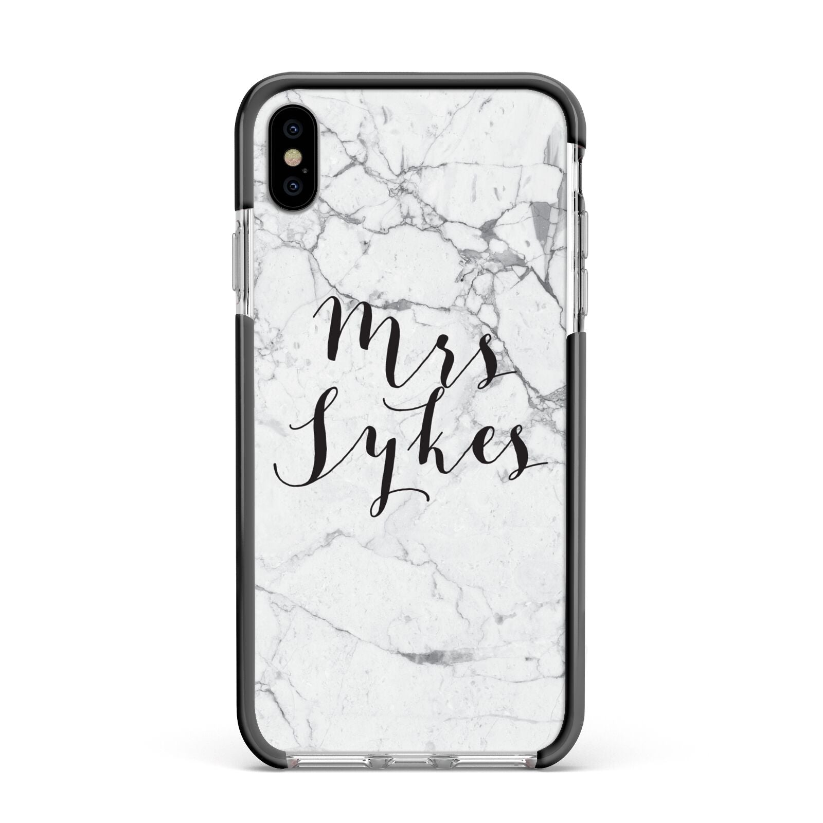 Surname Personalised Marble Apple iPhone Xs Max Impact Case Black Edge on Silver Phone