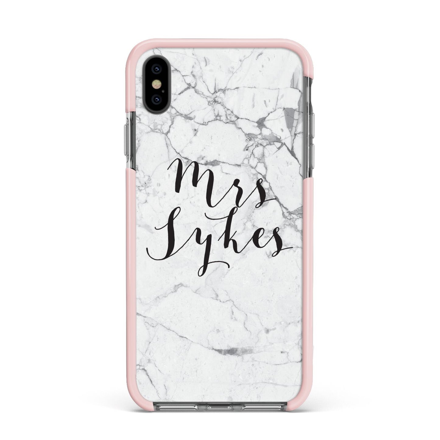Surname Personalised Marble Apple iPhone Xs Max Impact Case Pink Edge on Black Phone