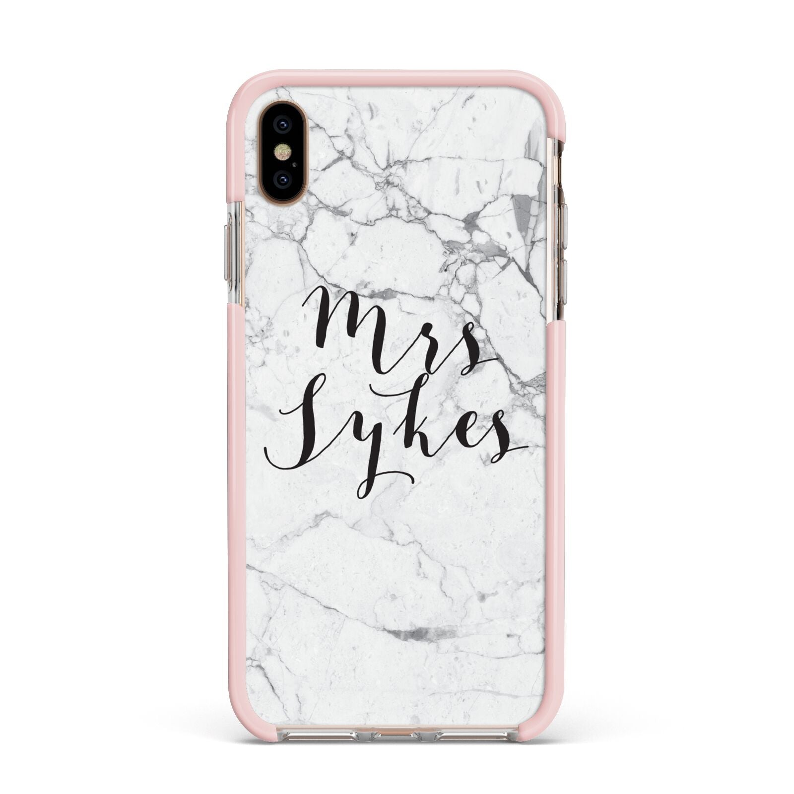 Surname Personalised Marble Apple iPhone Xs Max Impact Case Pink Edge on Gold Phone