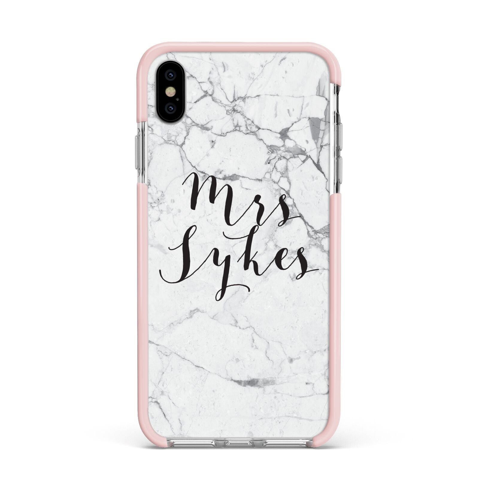 Surname Personalised Marble Apple iPhone Xs Max Impact Case Pink Edge on Silver Phone