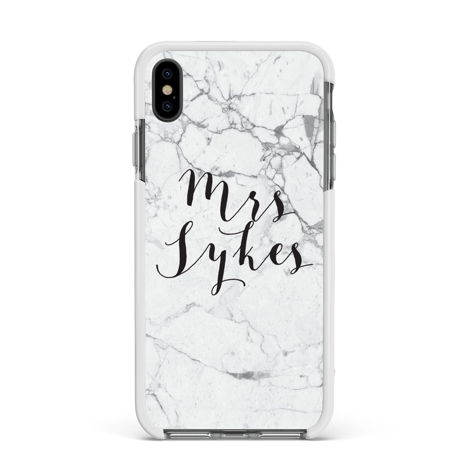 Surname Personalised Marble Apple iPhone Xs Max Impact Case White Edge on Black Phone