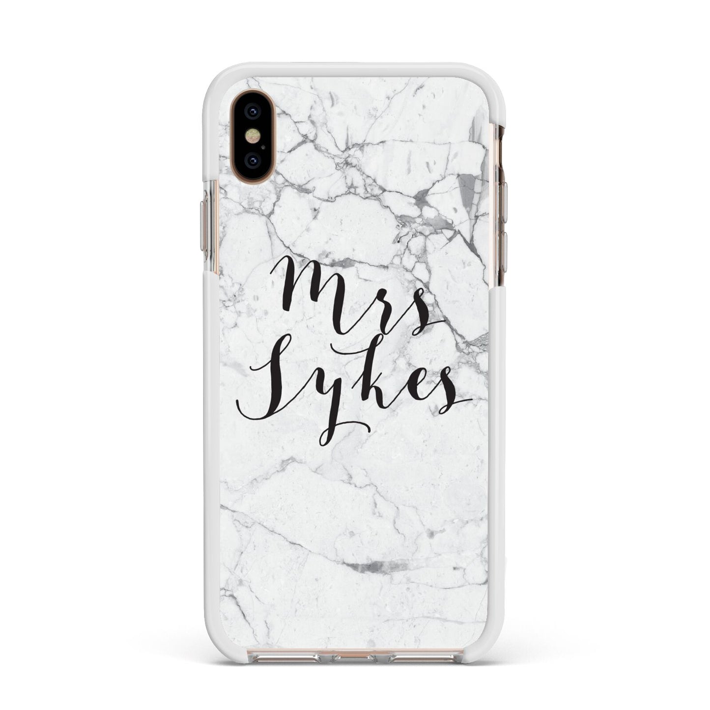 Surname Personalised Marble Apple iPhone Xs Max Impact Case White Edge on Gold Phone