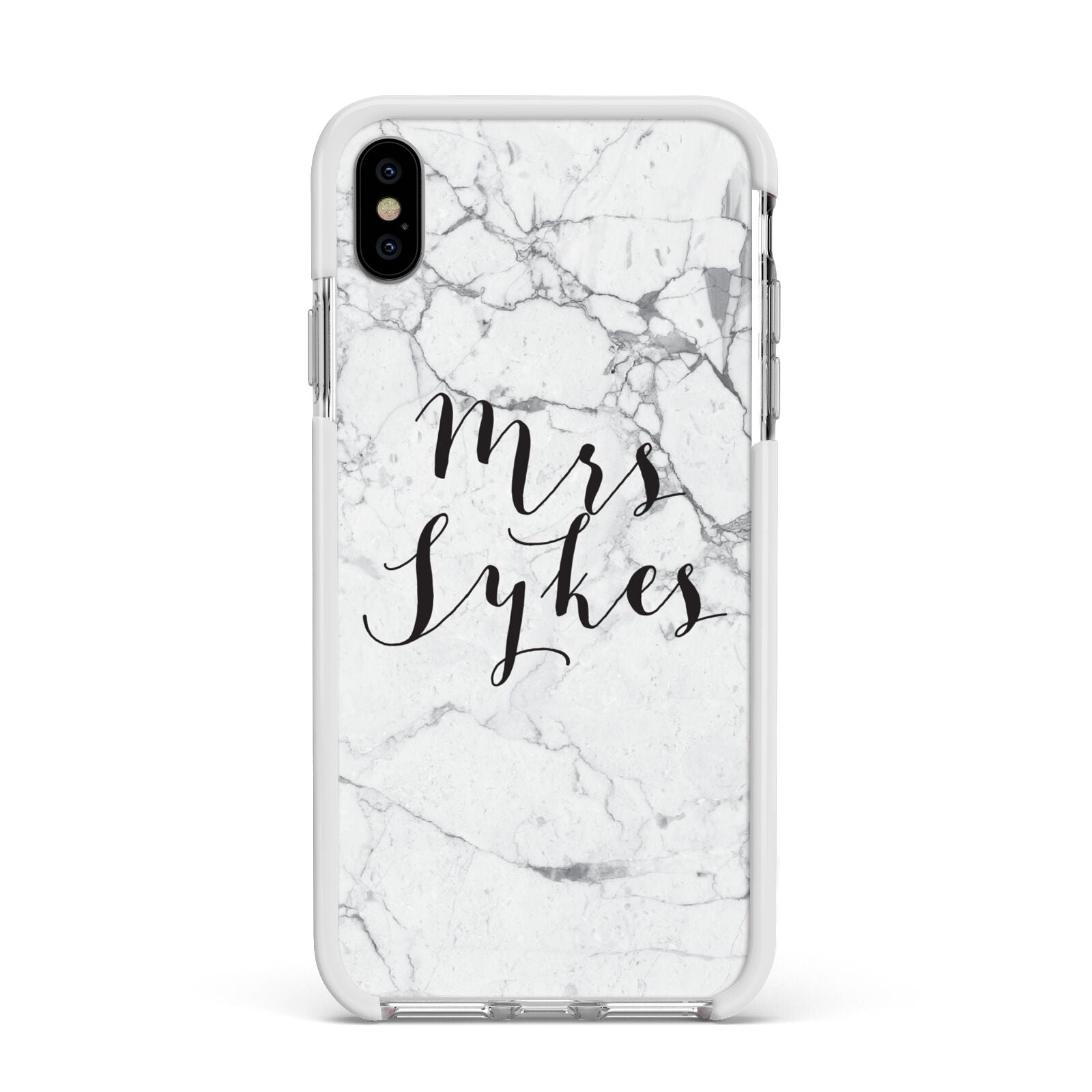 Surname Personalised Marble Apple iPhone Xs Max Impact Case White Edge on Silver Phone