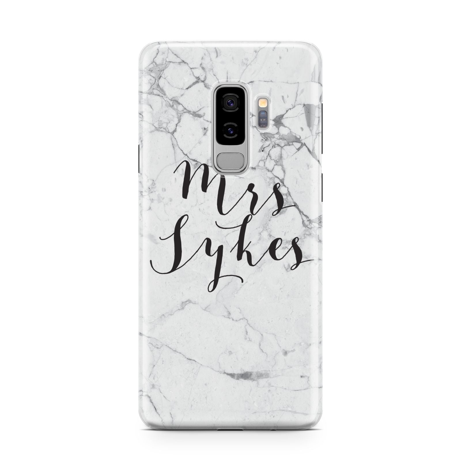 Surname Personalised Marble Samsung Galaxy S9 Plus Case on Silver phone