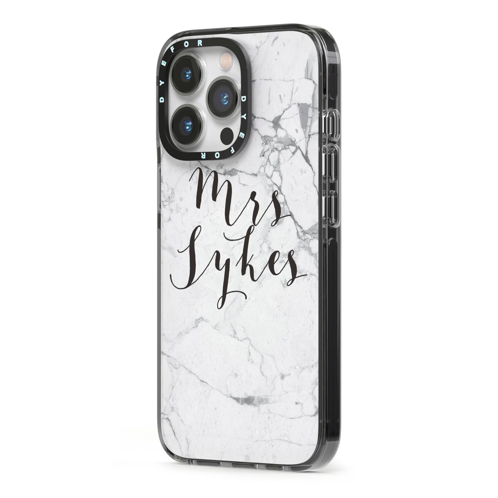 Surname Personalised Marble iPhone 13 Pro Black Impact Case Side Angle on Silver phone