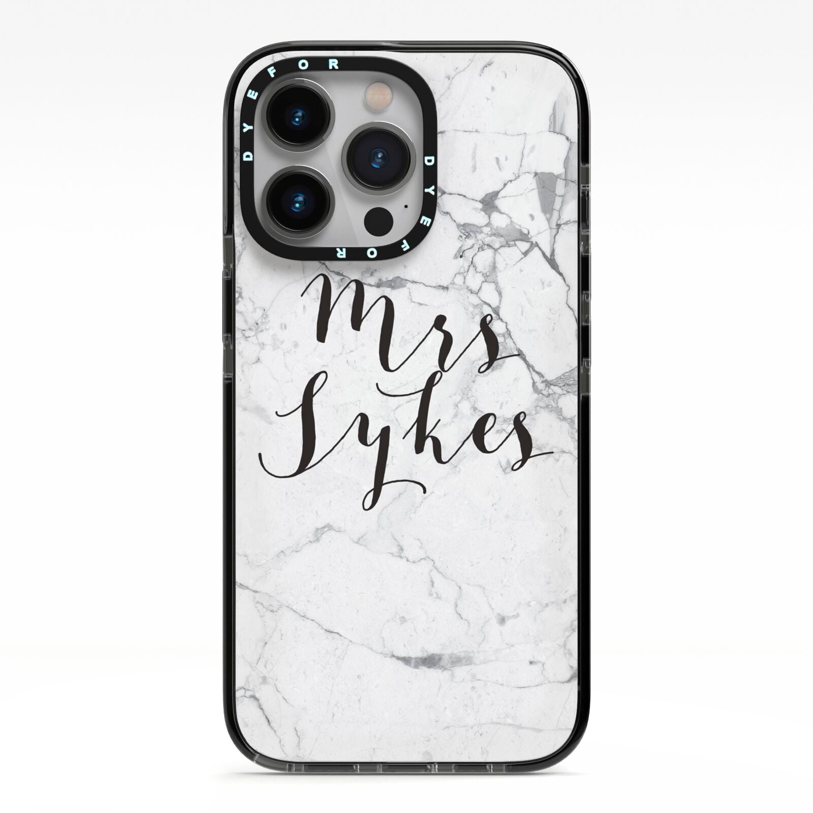 Surname Personalised Marble iPhone 13 Pro Black Impact Case on Silver phone