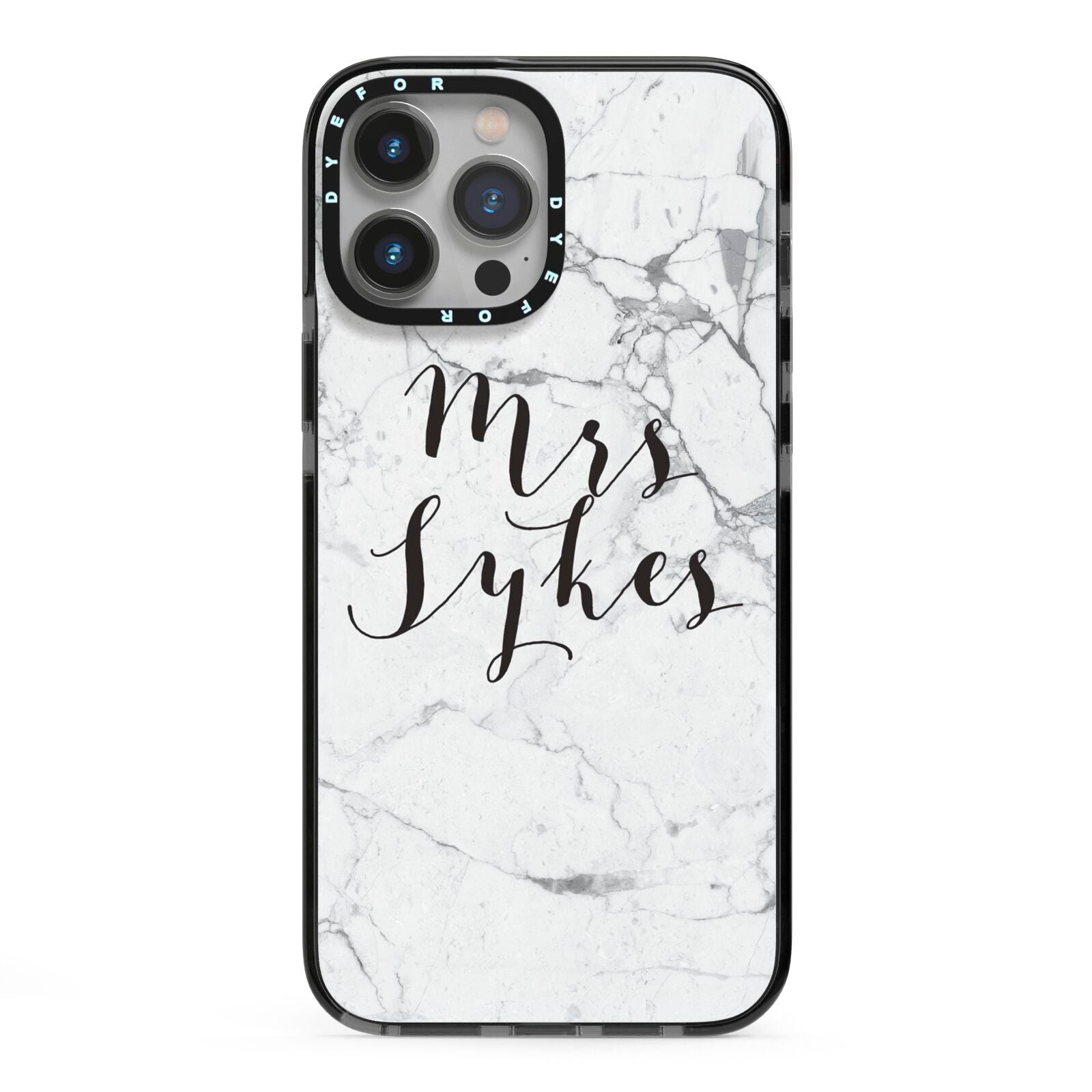 Surname Personalised Marble iPhone 13 Pro Max Black Impact Case on Silver phone