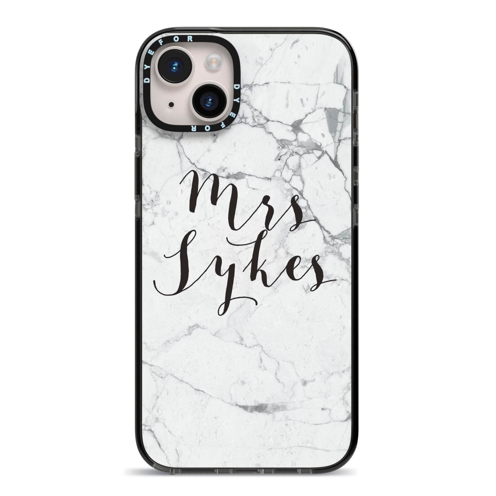 Surname Personalised Marble iPhone 14 Plus Black Impact Case on Silver phone