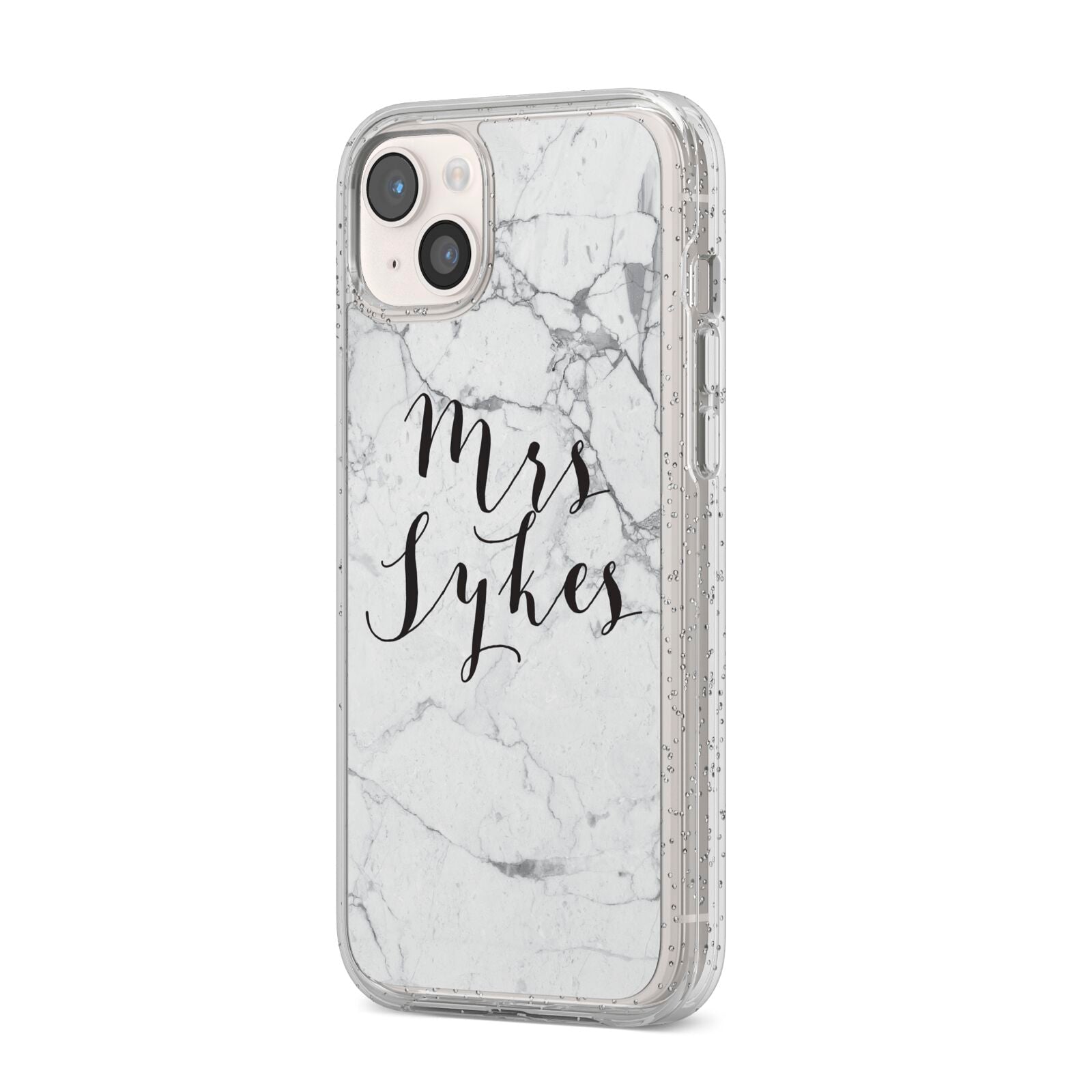 Surname Personalised Marble iPhone 14 Plus Glitter Tough Case Starlight Angled Image