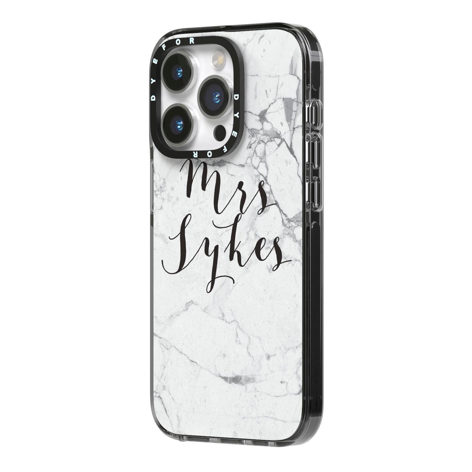 Surname Personalised Marble iPhone 14 Pro Black Impact Case Side Angle on Silver phone
