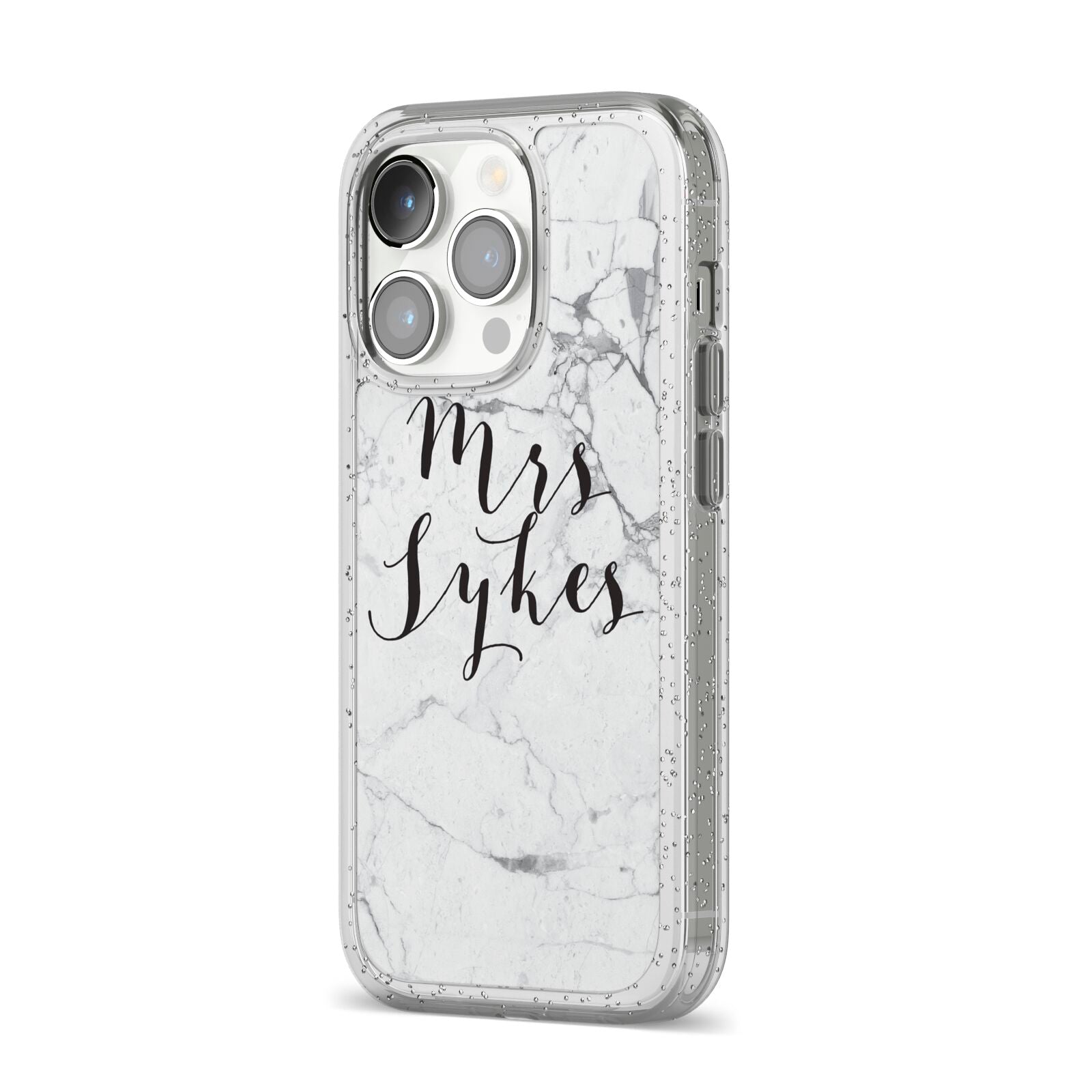 Surname Personalised Marble iPhone 14 Pro Glitter Tough Case Silver Angled Image