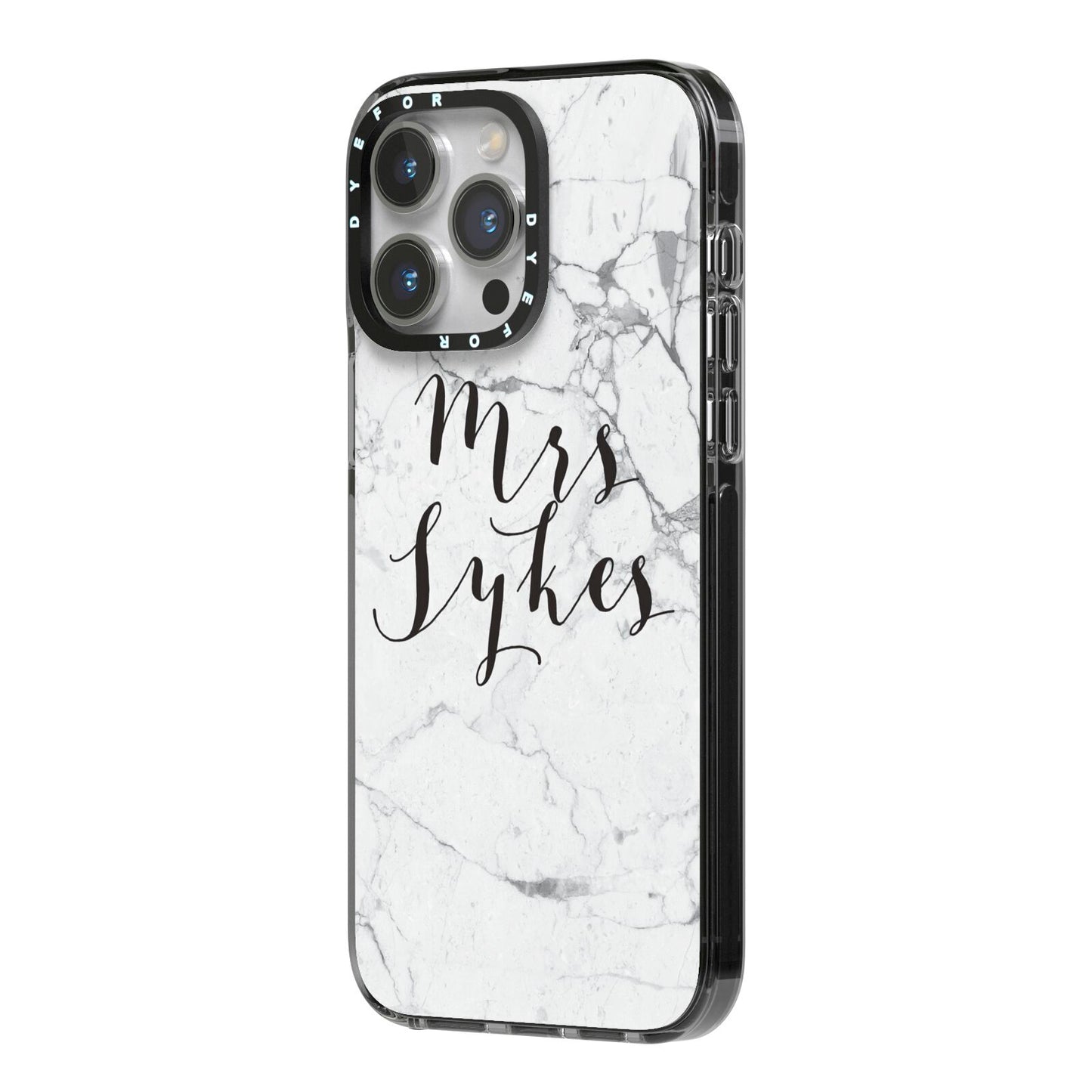 Surname Personalised Marble iPhone 14 Pro Max Black Impact Case Side Angle on Silver phone