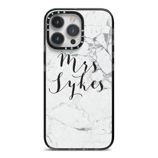 Surname Personalised Marble iPhone 14 Pro Max Black Impact Case on Silver phone
