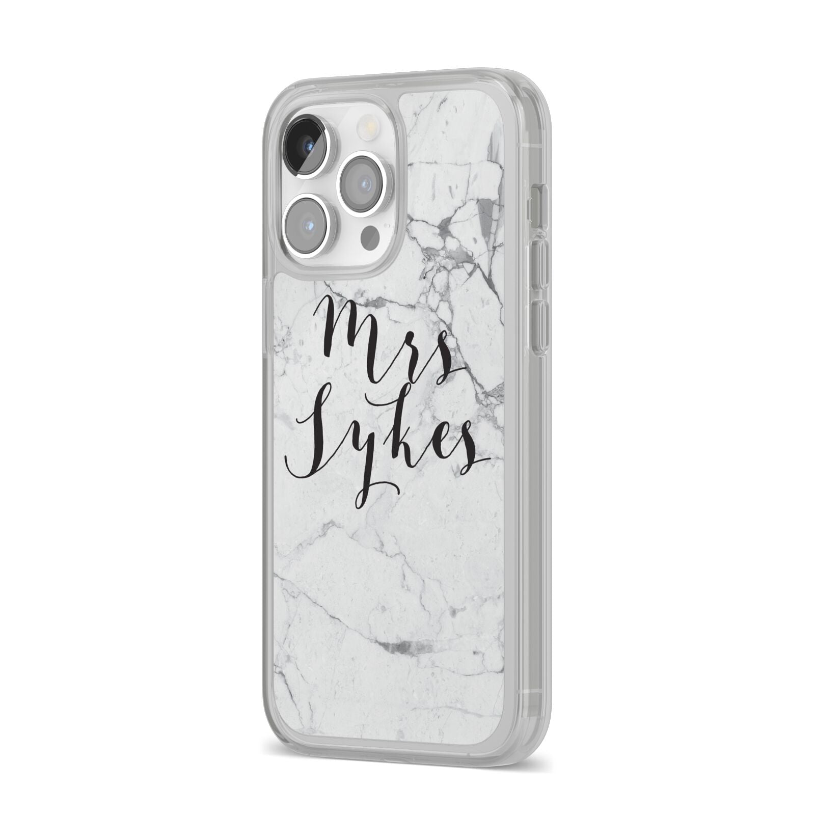 Surname Personalised Marble iPhone 14 Pro Max Clear Tough Case Silver Angled Image