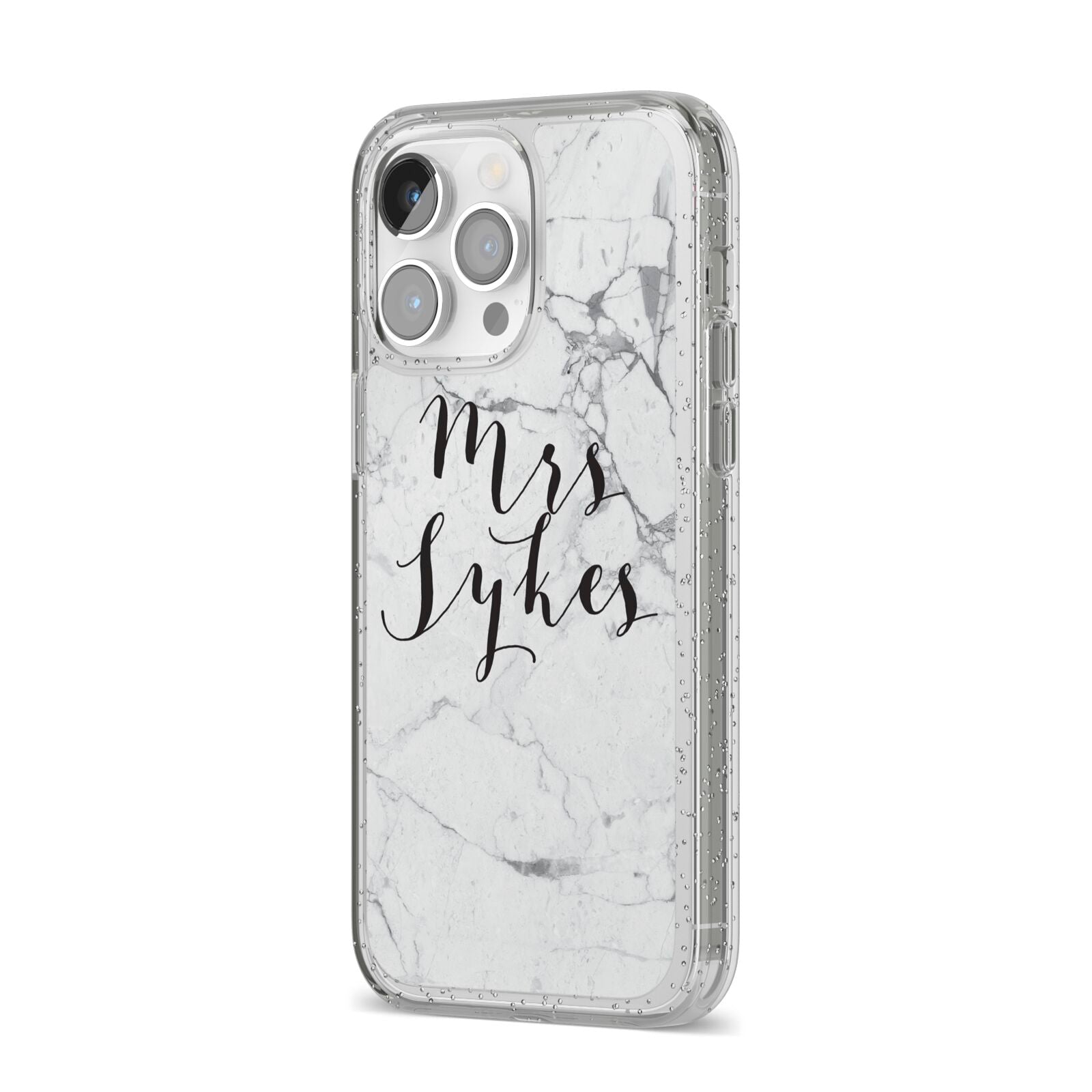 Surname Personalised Marble iPhone 14 Pro Max Glitter Tough Case Silver Angled Image