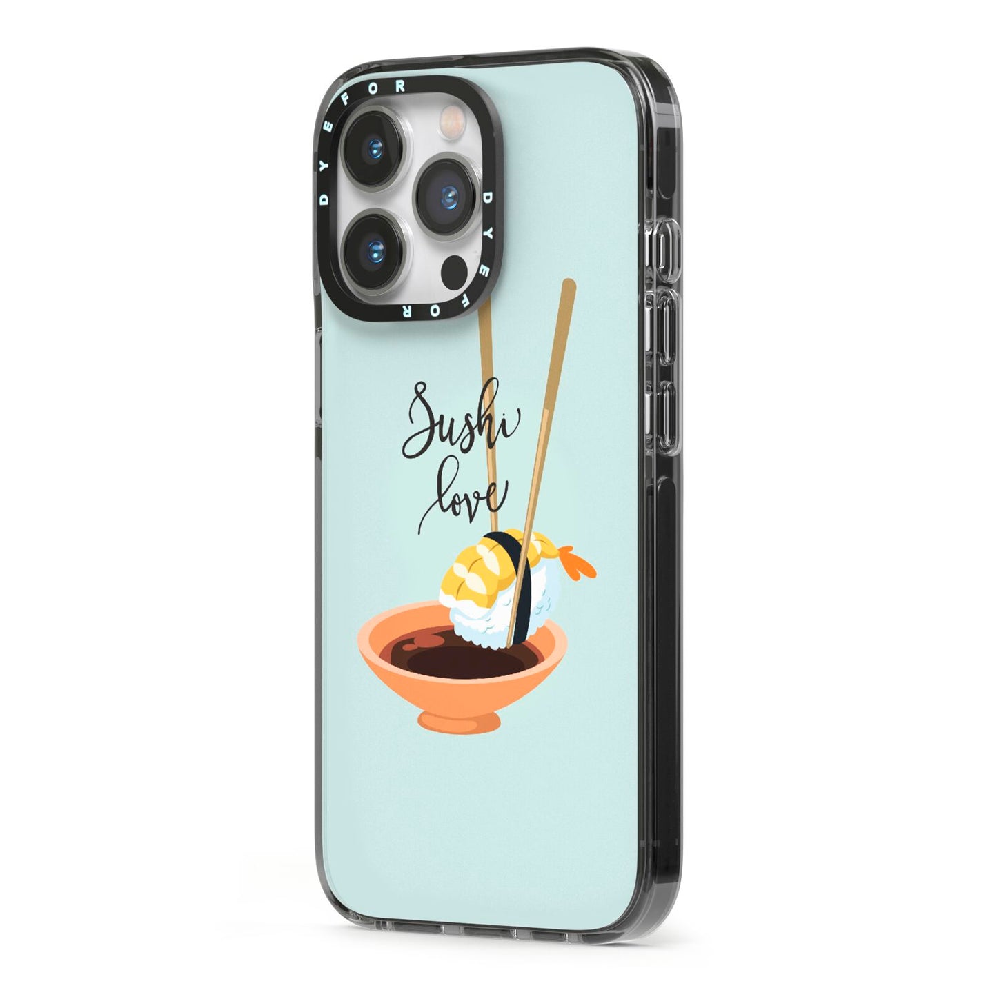 Sushi Love iPhone 13 Pro Black Impact Case Side Angle on Silver phone