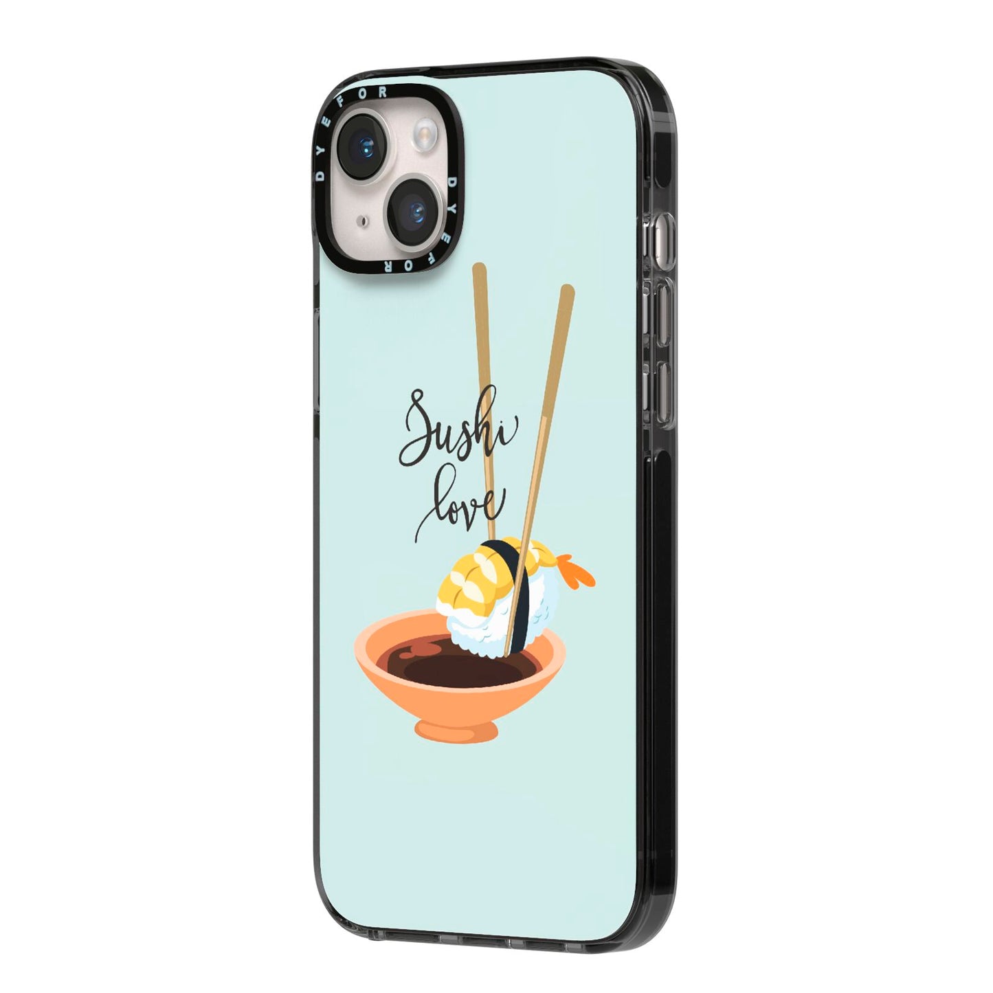 Sushi Love iPhone 14 Plus Black Impact Case Side Angle on Silver phone