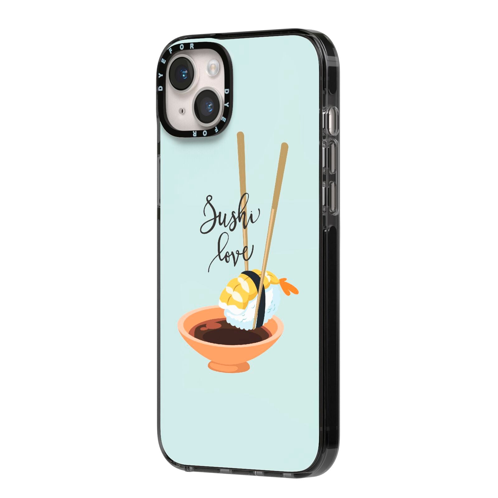 Sushi Love iPhone 14 Plus Black Impact Case Side Angle on Silver phone