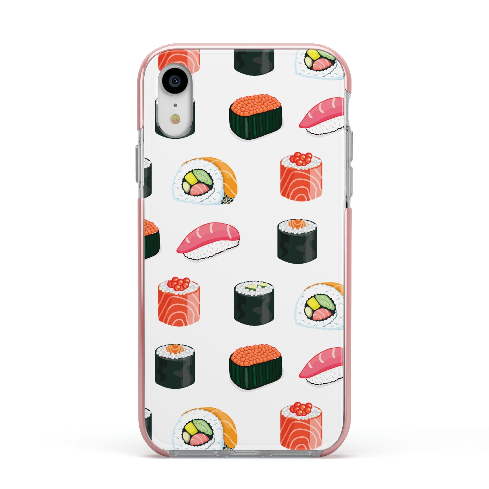 Sushi Pattern 1 Apple iPhone XR Impact Case Pink Edge on Silver Phone
