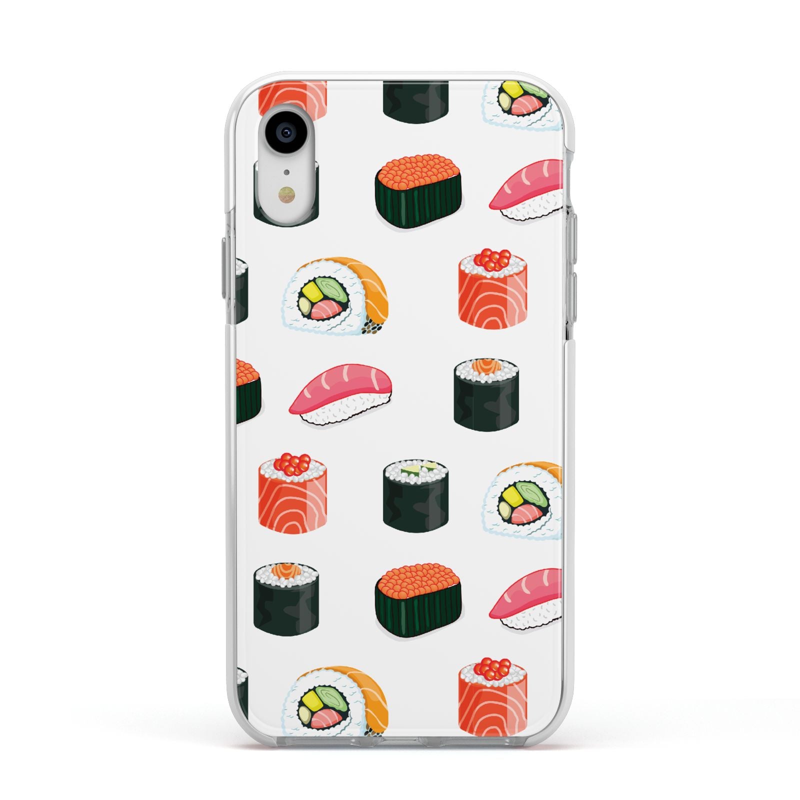 Sushi Pattern 1 Apple iPhone XR Impact Case White Edge on Silver Phone