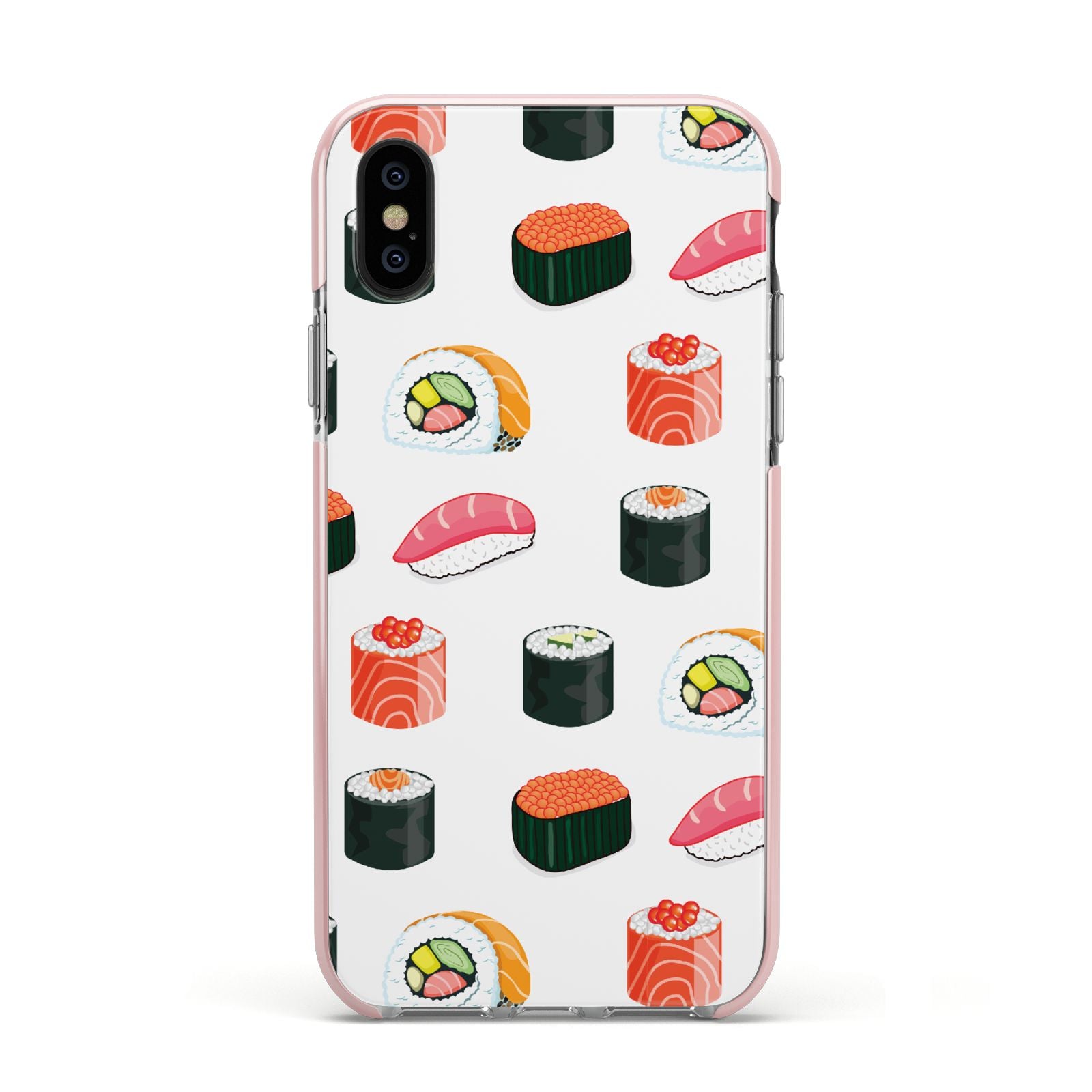 Sushi Pattern 1 Apple iPhone Xs Impact Case Pink Edge on Black Phone