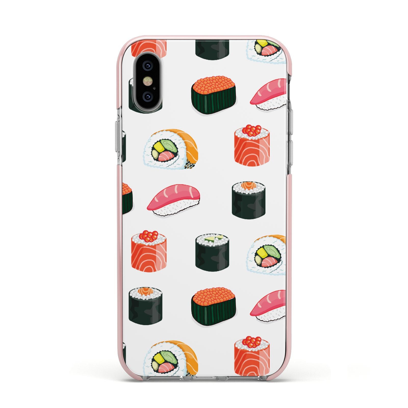 Sushi Pattern 1 Apple iPhone Xs Impact Case Pink Edge on Silver Phone