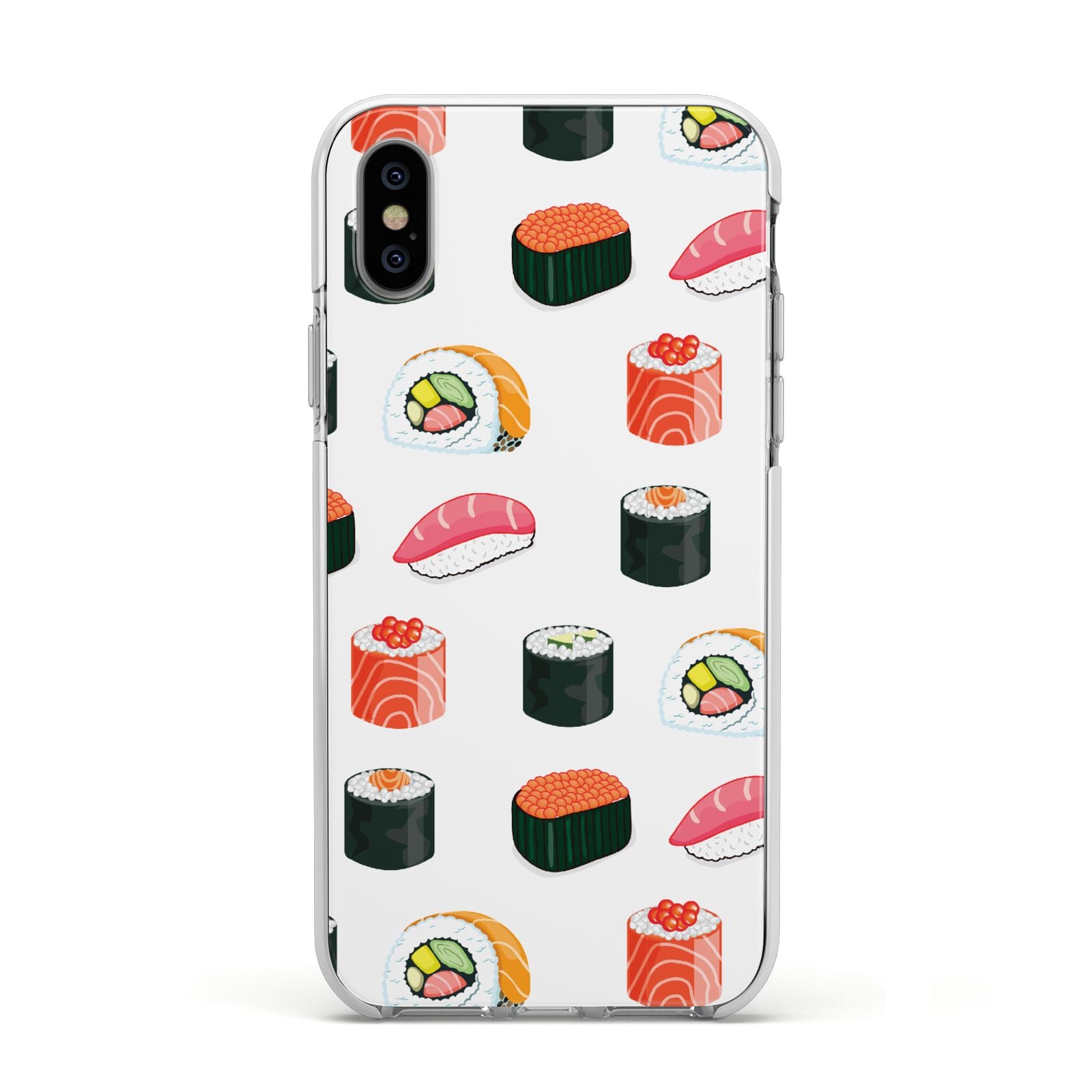 Sushi Pattern 1 Apple iPhone Xs Impact Case White Edge on Silver Phone