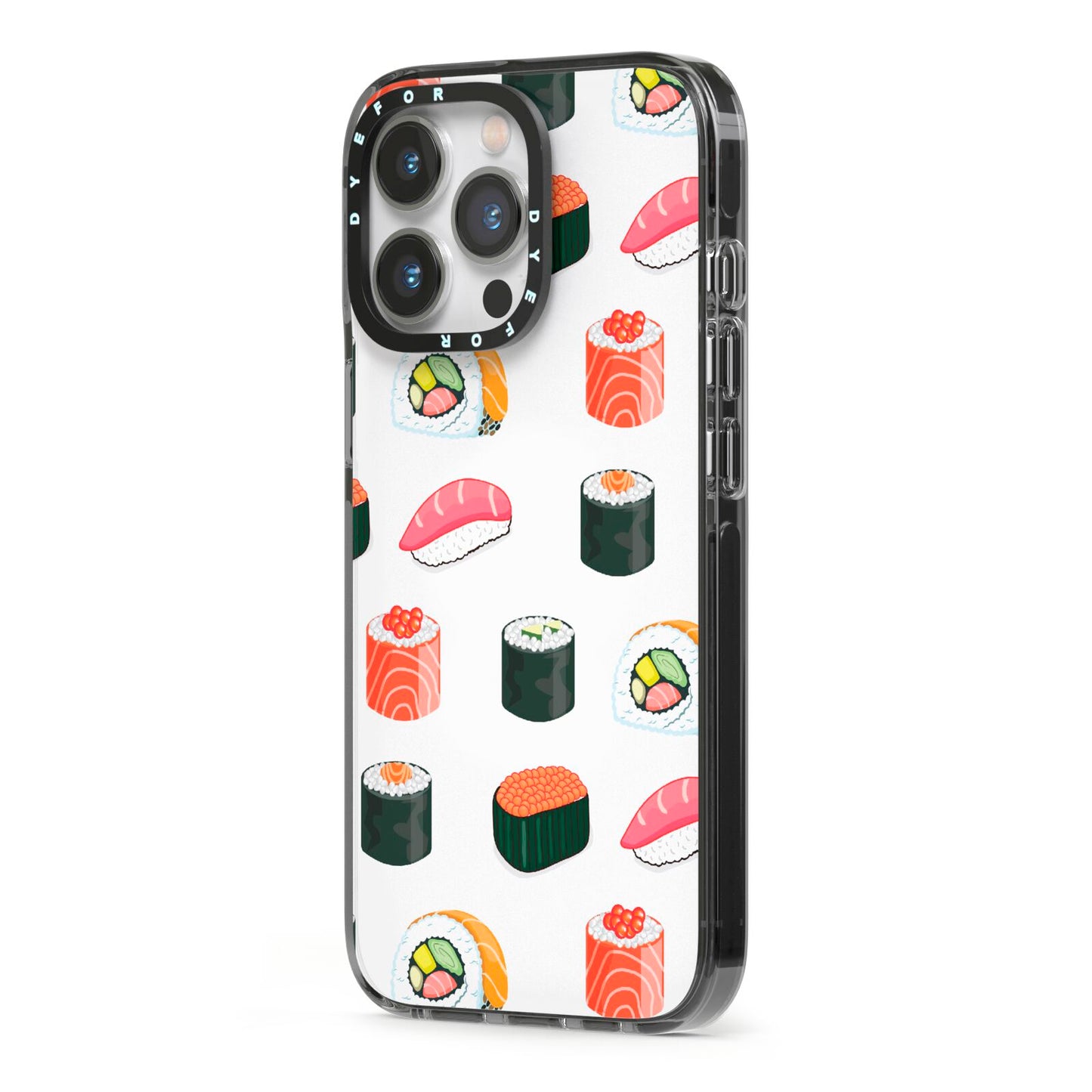 Sushi Pattern 1 iPhone 13 Pro Black Impact Case Side Angle on Silver phone