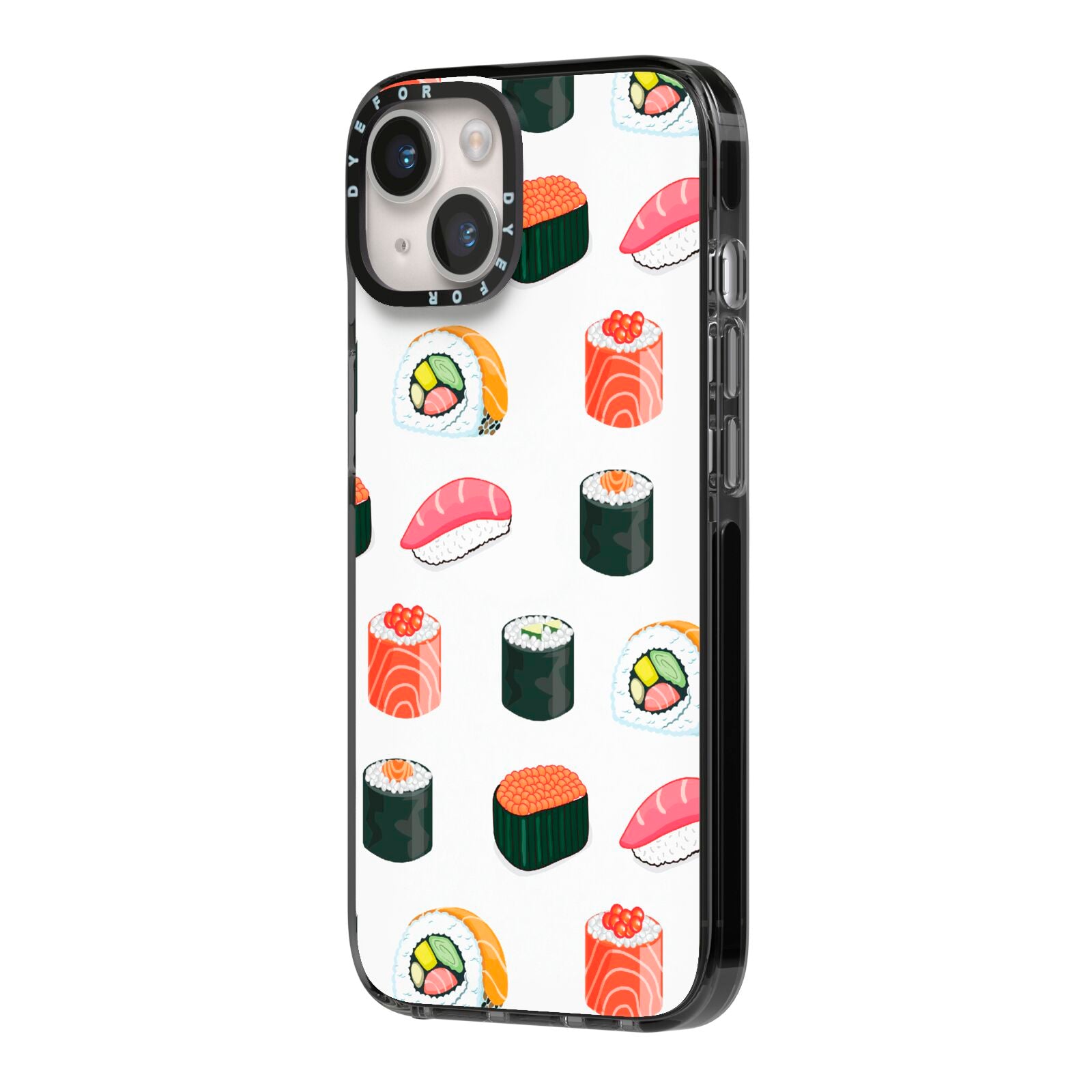 Sushi Pattern 1 iPhone 14 Black Impact Case Side Angle on Silver phone