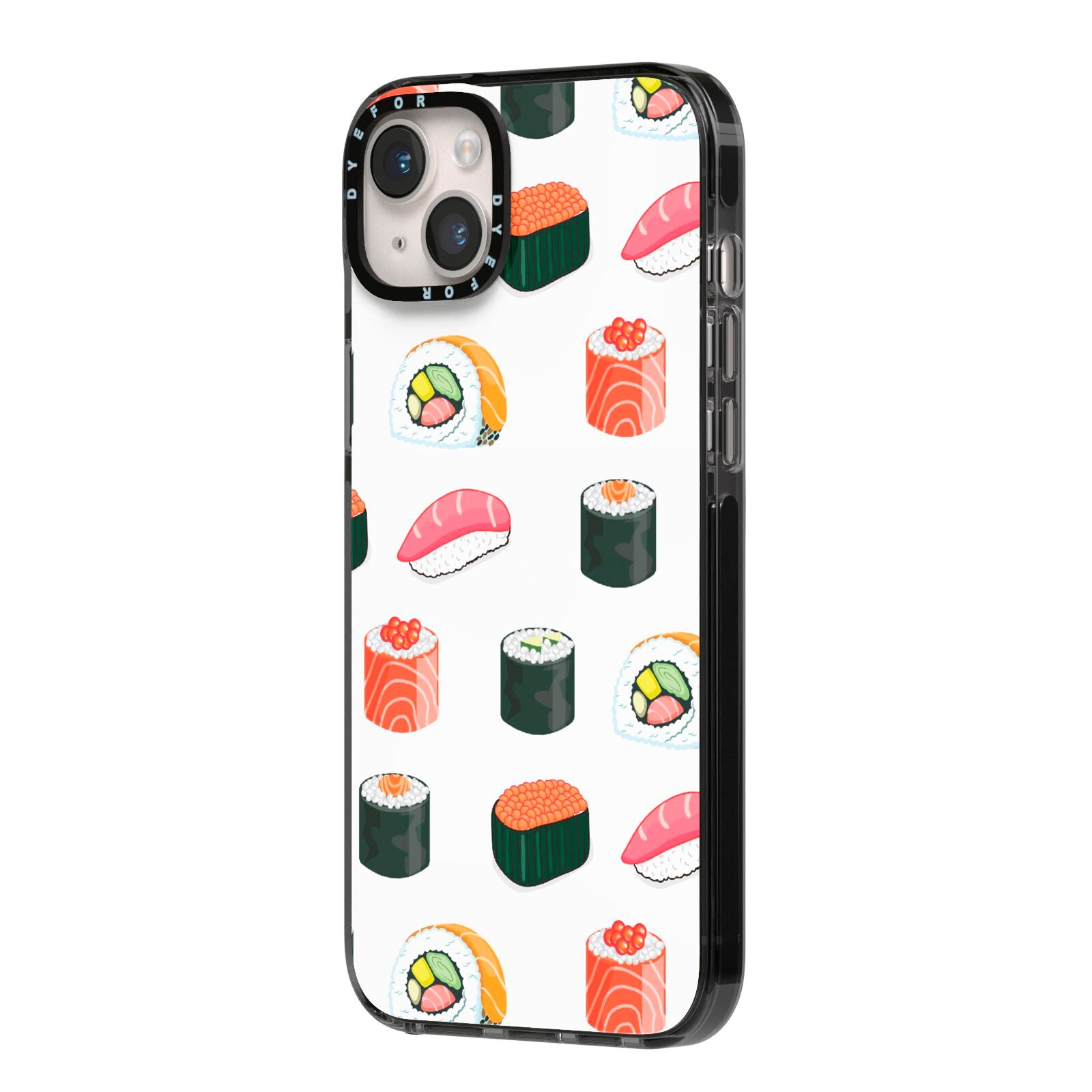 Sushi Pattern 1 iPhone 14 Plus Black Impact Case Side Angle on Silver phone