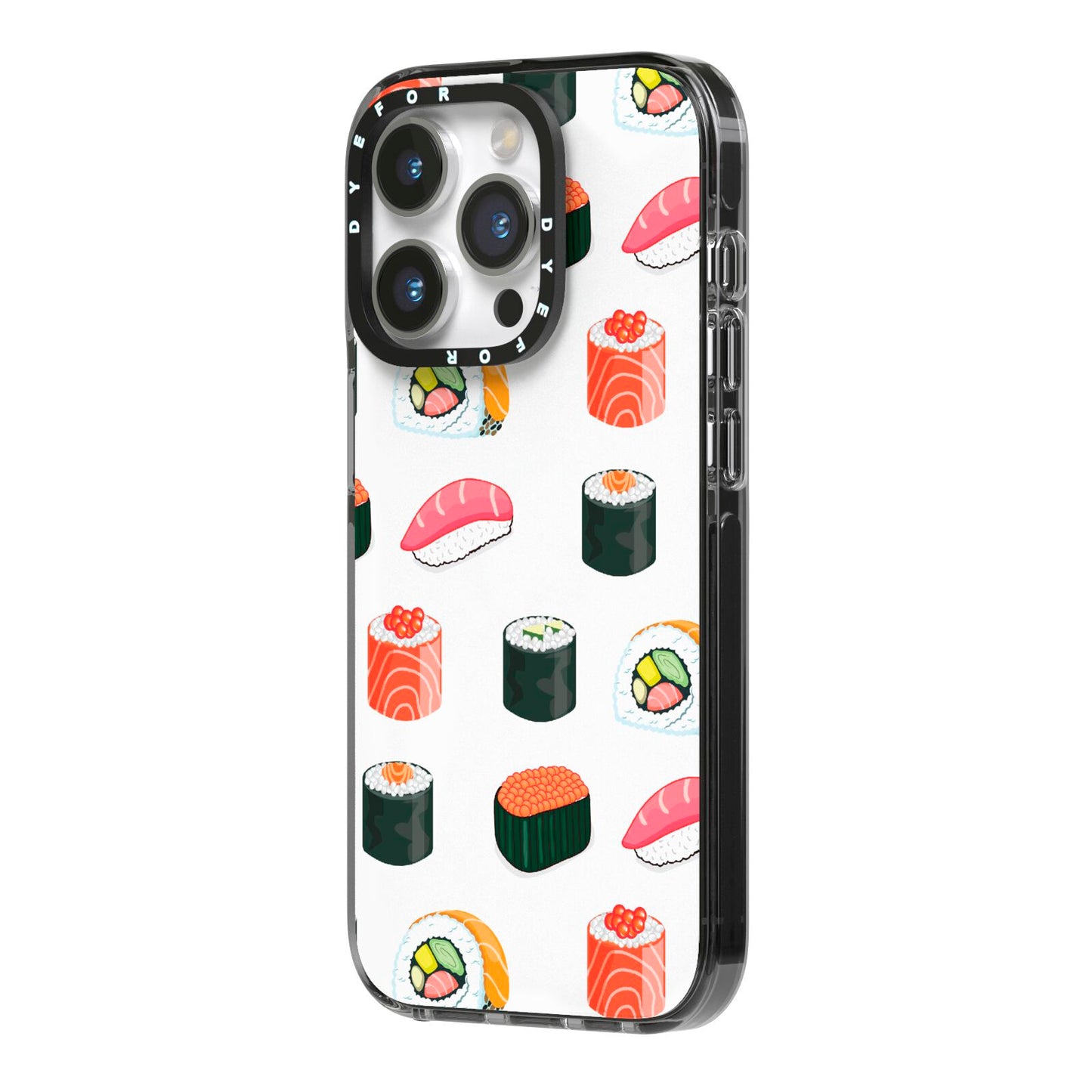 Sushi Pattern 1 iPhone 14 Pro Black Impact Case Side Angle on Silver phone