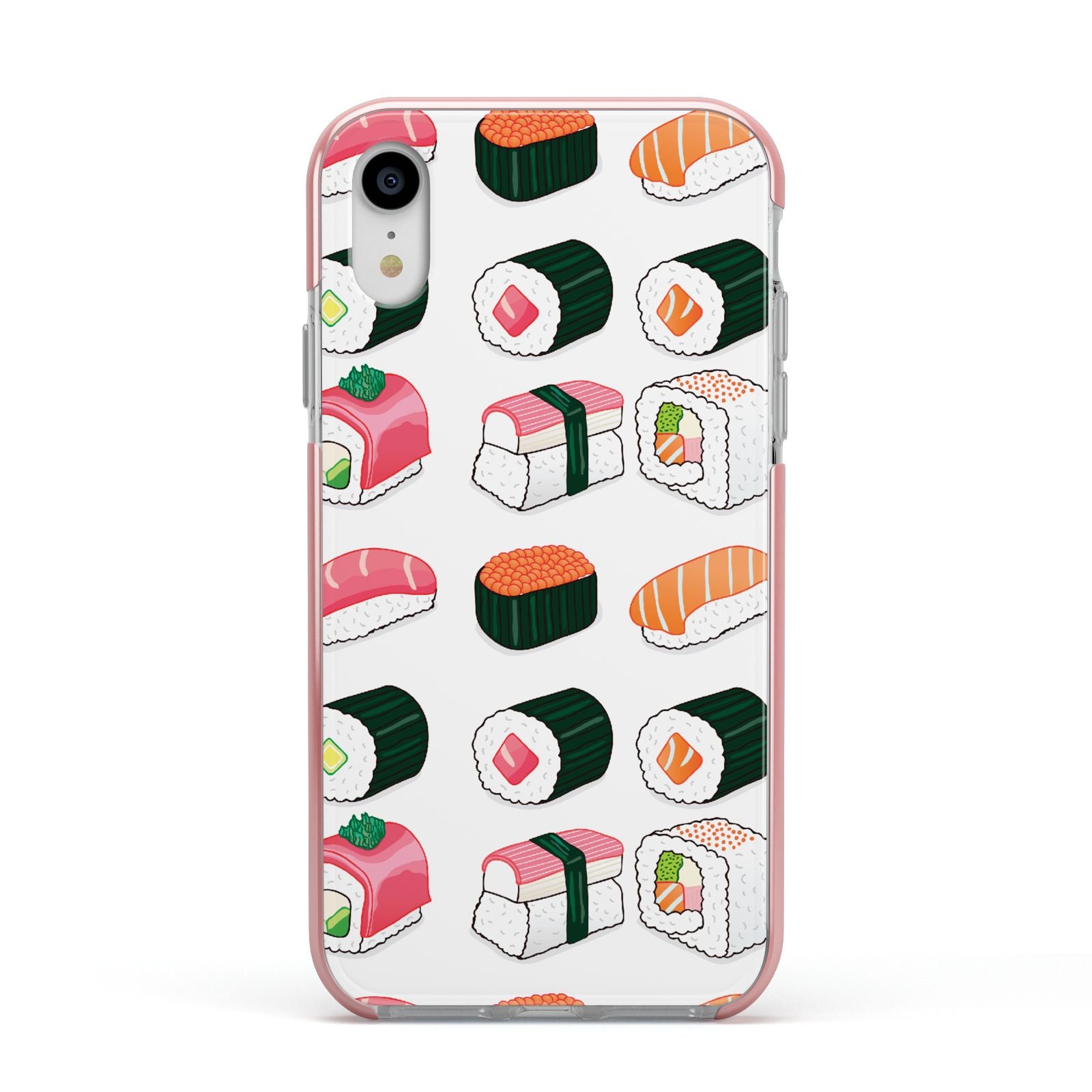 Sushi Pattern 2 Apple iPhone XR Impact Case Pink Edge on Silver Phone