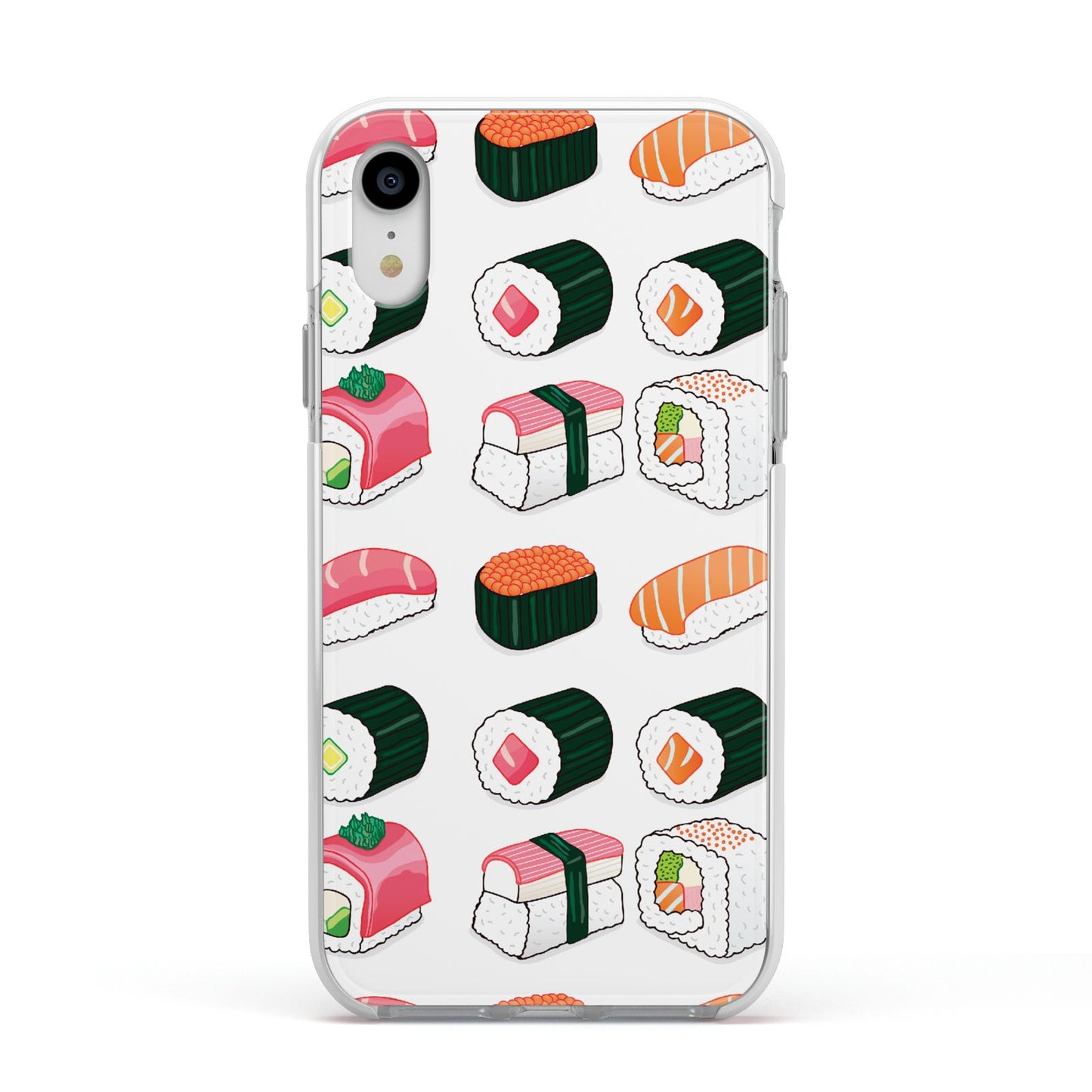 Sushi Pattern 2 Apple iPhone XR Impact Case White Edge on Silver Phone