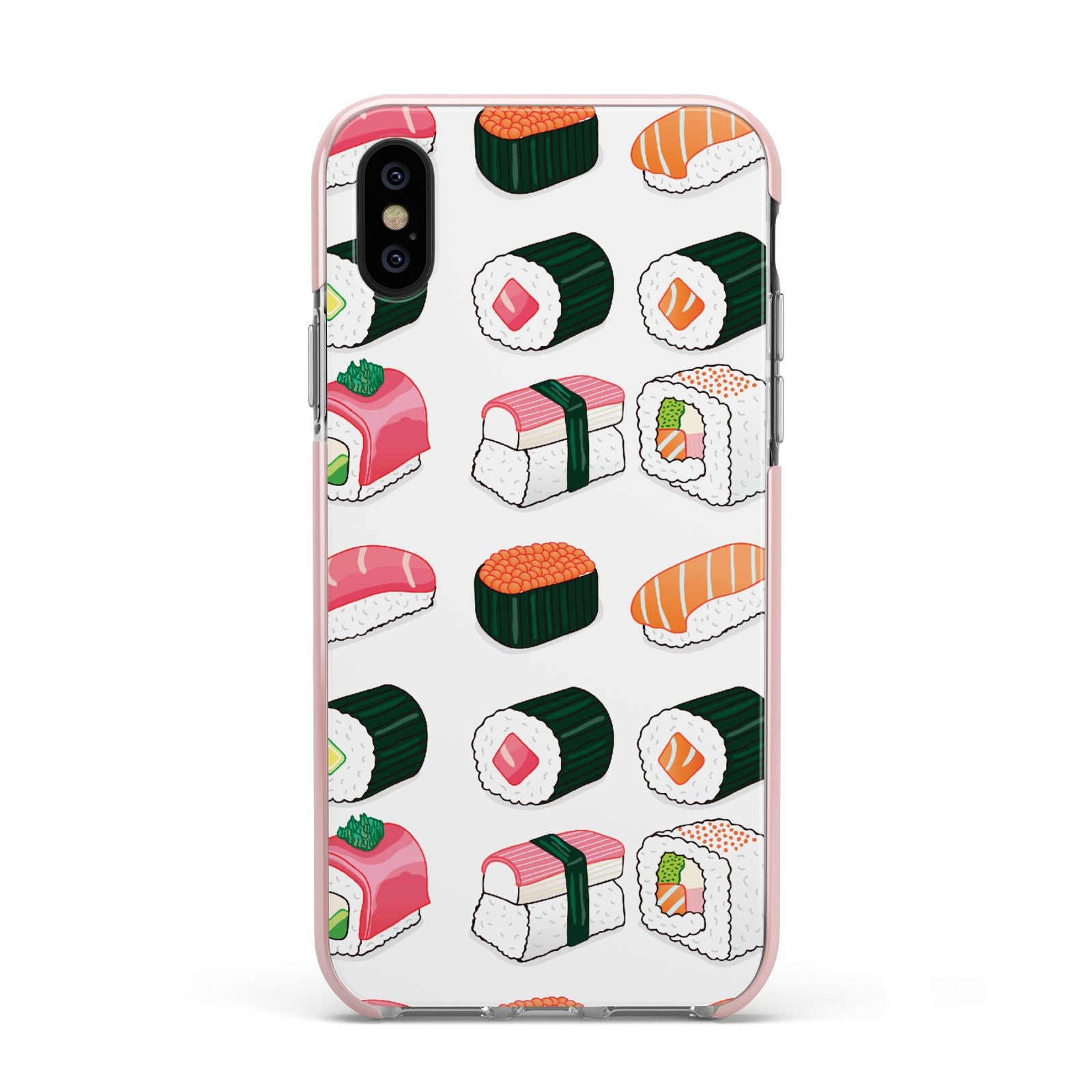 Sushi Pattern 2 Apple iPhone Xs Impact Case Pink Edge on Black Phone