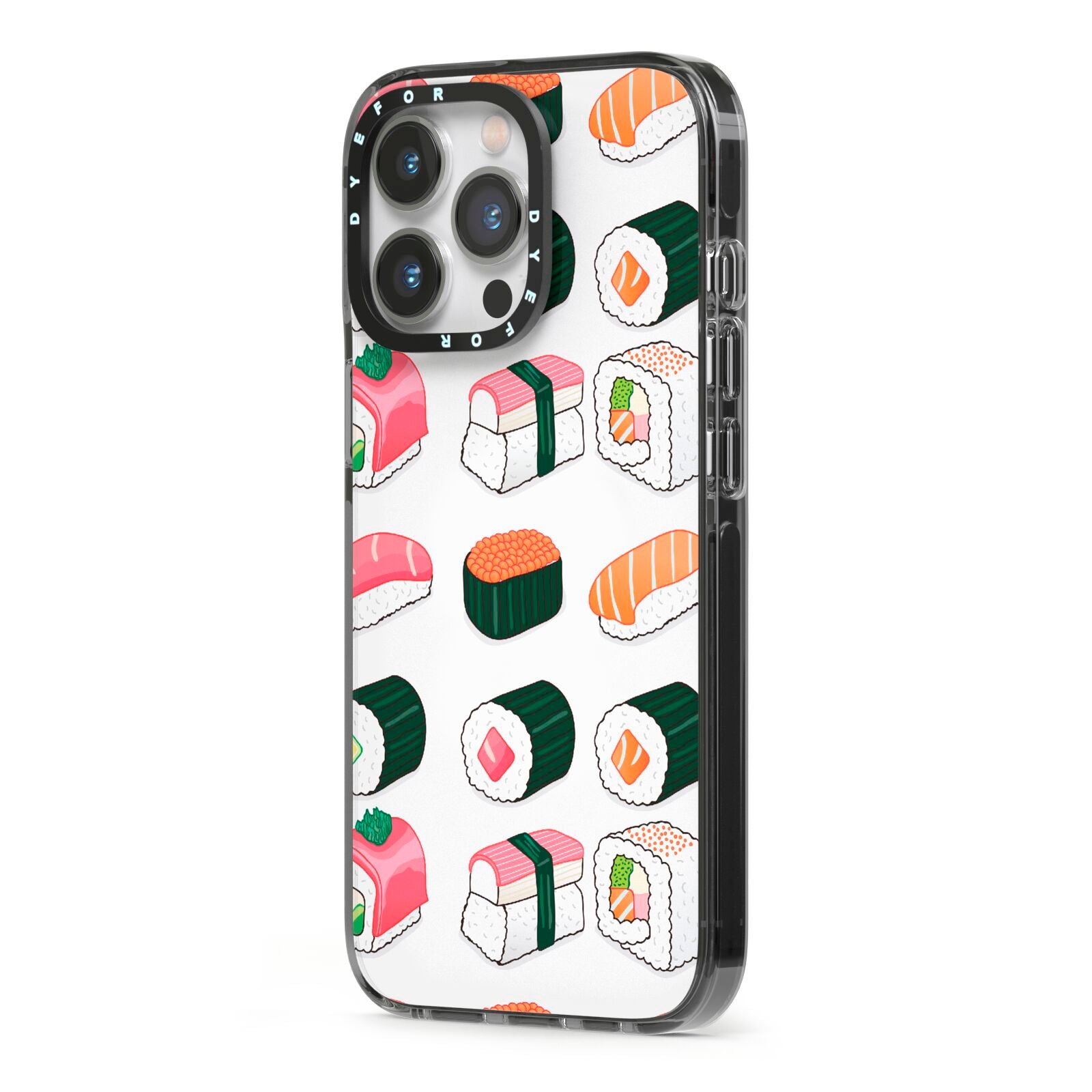 Sushi Pattern 2 iPhone 13 Pro Black Impact Case Side Angle on Silver phone