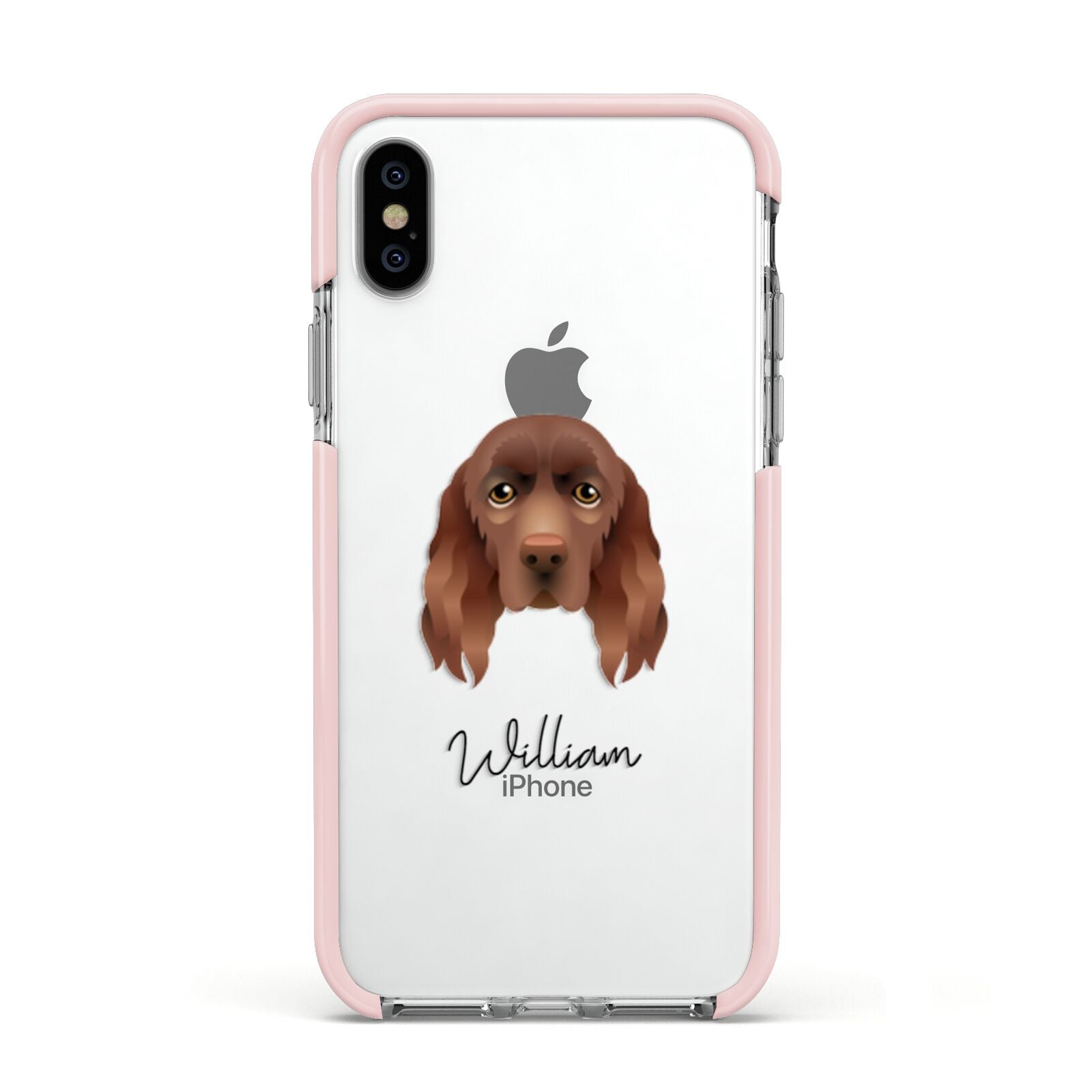 Sussex Spaniel Personalised Apple iPhone Xs Impact Case Pink Edge on Silver Phone