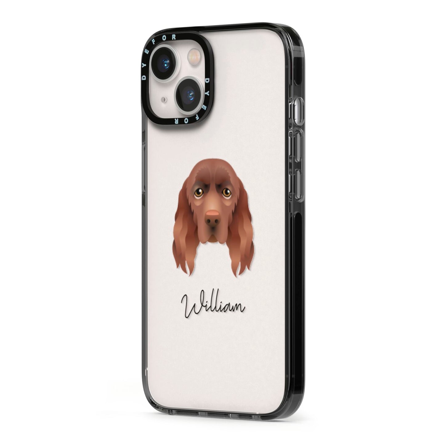 Sussex Spaniel Personalised iPhone 13 Black Impact Case Side Angle on Silver phone