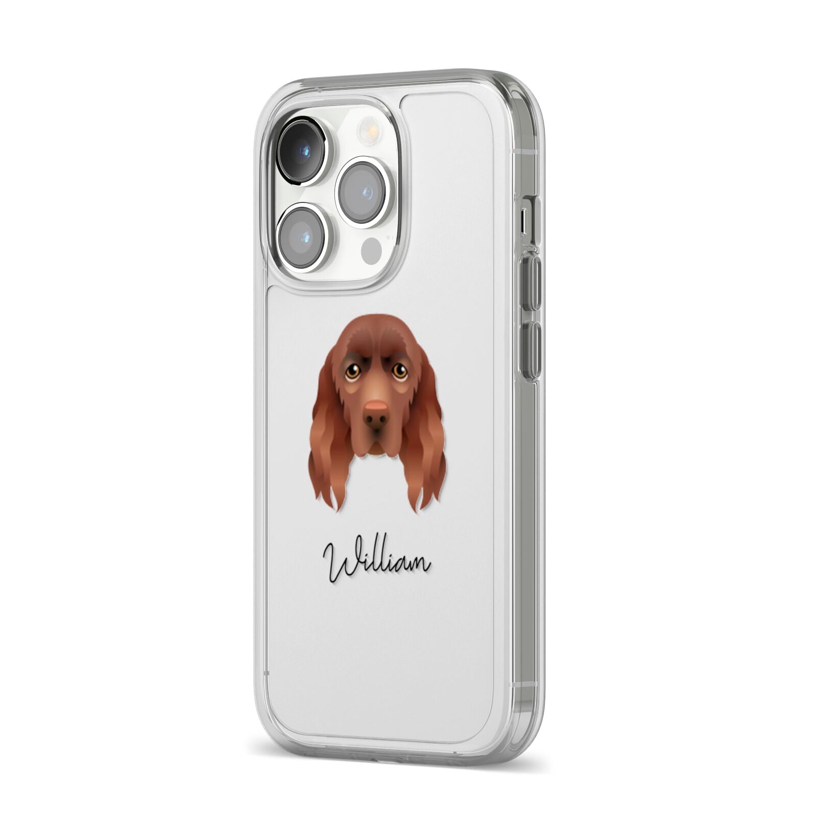 Sussex Spaniel Personalised iPhone 14 Pro Clear Tough Case Silver Angled Image