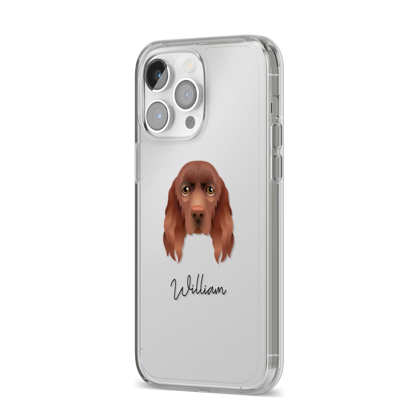 Sussex Spaniel Personalised iPhone 14 Pro Max Clear Tough Case Silver Angled Image